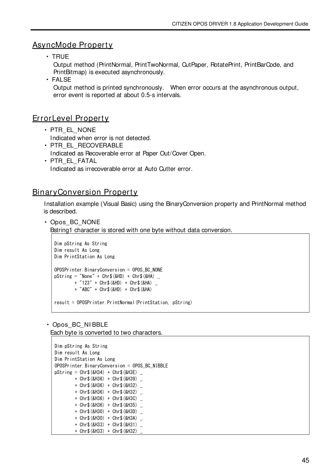 Citizen Systems 1.8 manual AsyncMode Property, ErrorLevel Property, BinaryConversion Property 