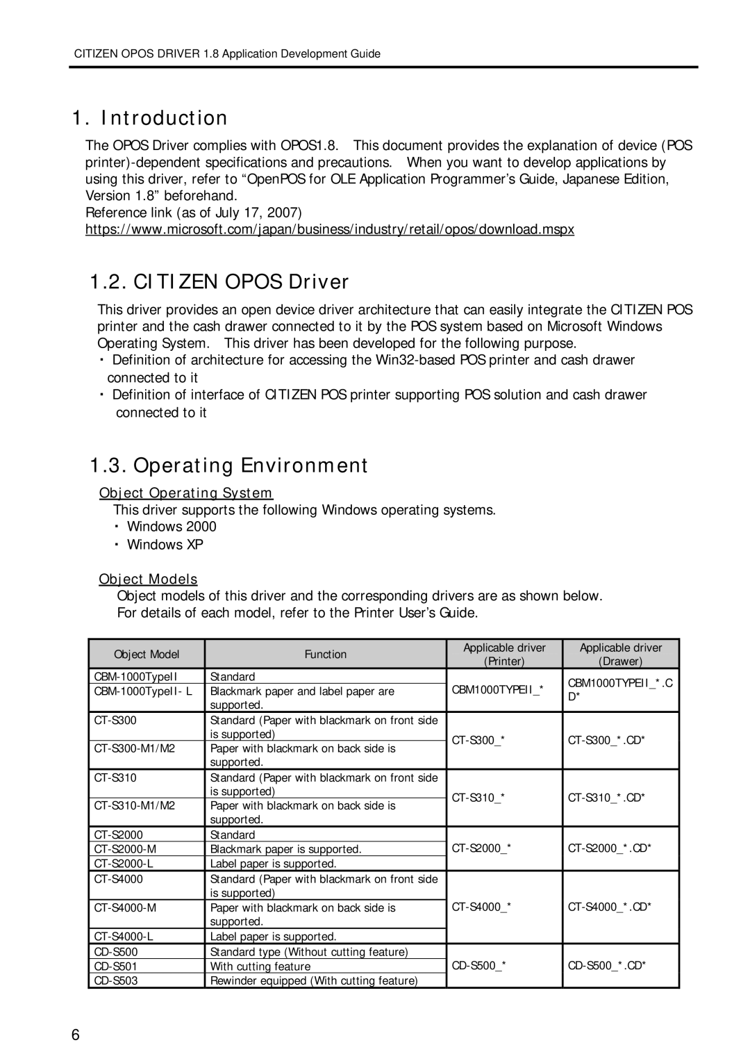 Citizen Systems 1.8 manual Introduction, Citizen Opos Driver, Operating Environment, CBM1000TYPEII CBM1000TYPEII*.C 