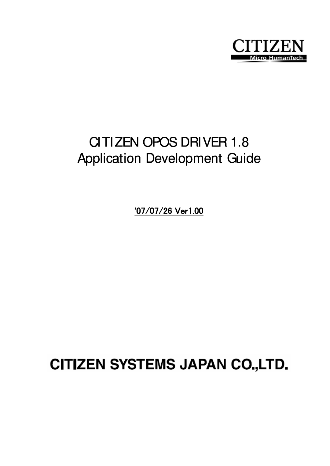 Citizen Systems 1.8 manual CITIZEN OPOS DRIVER Application Development Guide, 07/07/26 Ver1.00 