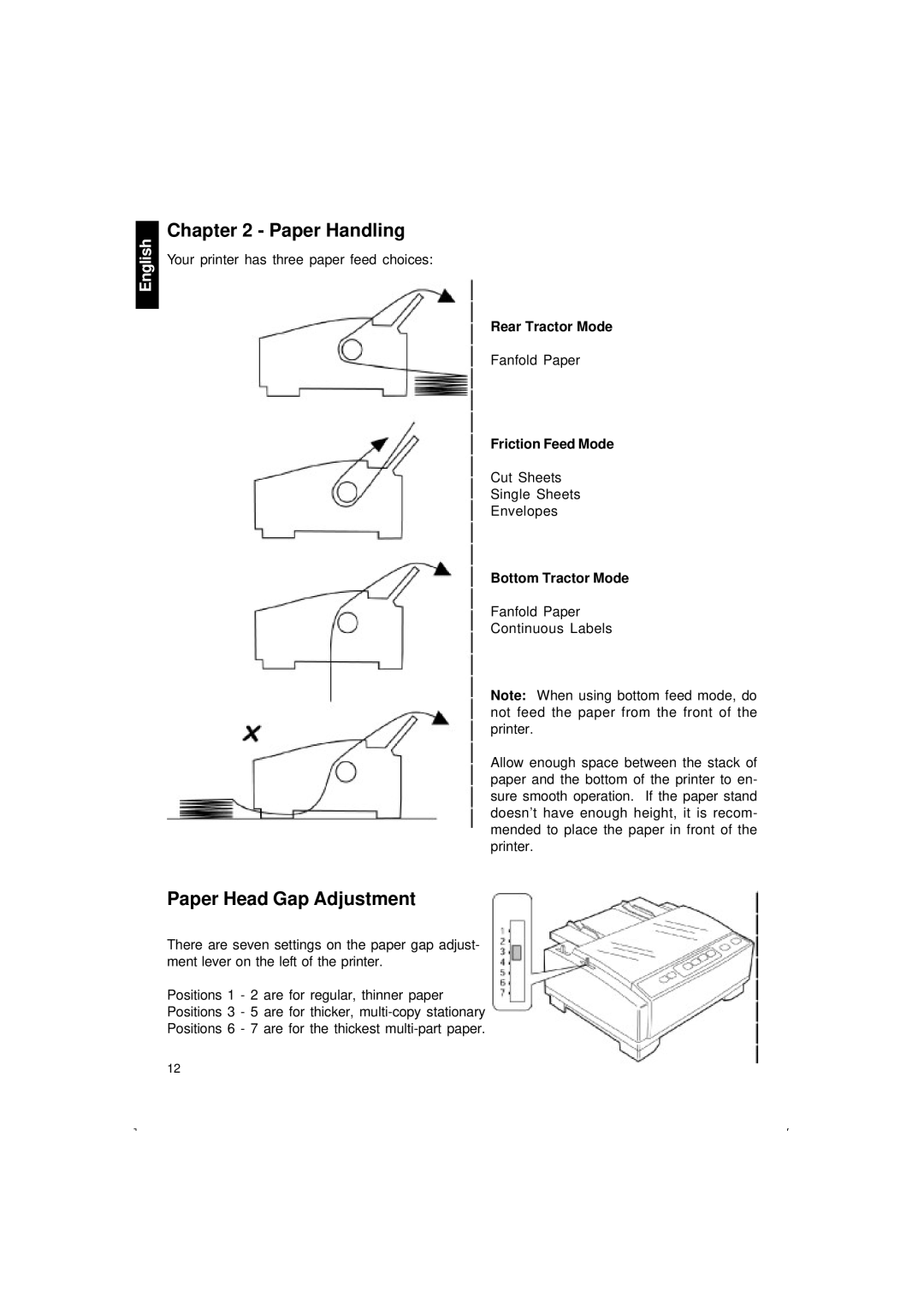 Citizen Systems 500 Paper Handling, Paper Head Gap Adjustment, Rear Tractor Mode, Friction Feed Mode, Bottom Tractor Mode 