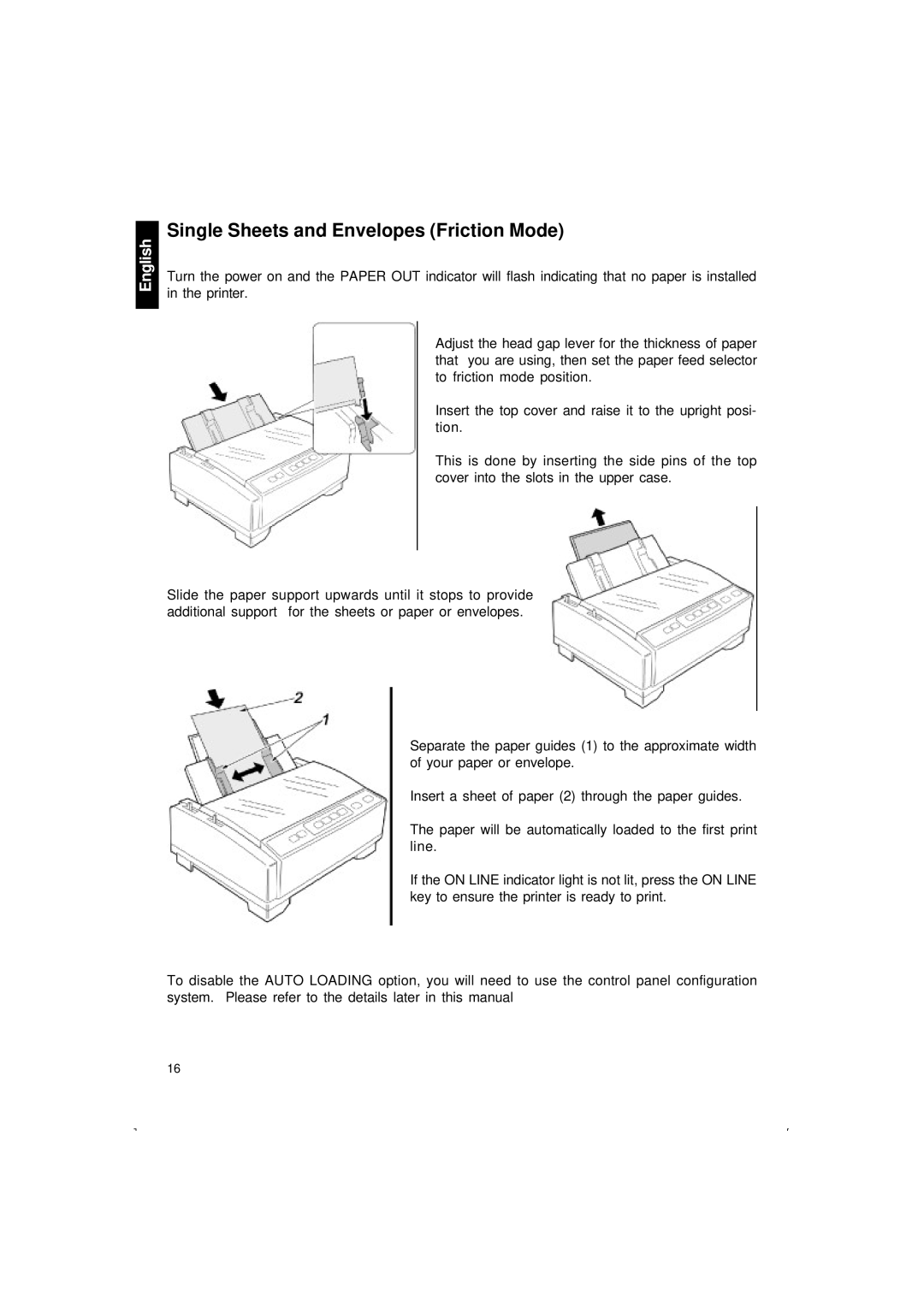 Citizen Systems 500 user manual Single Sheets and Envelopes Friction Mode 