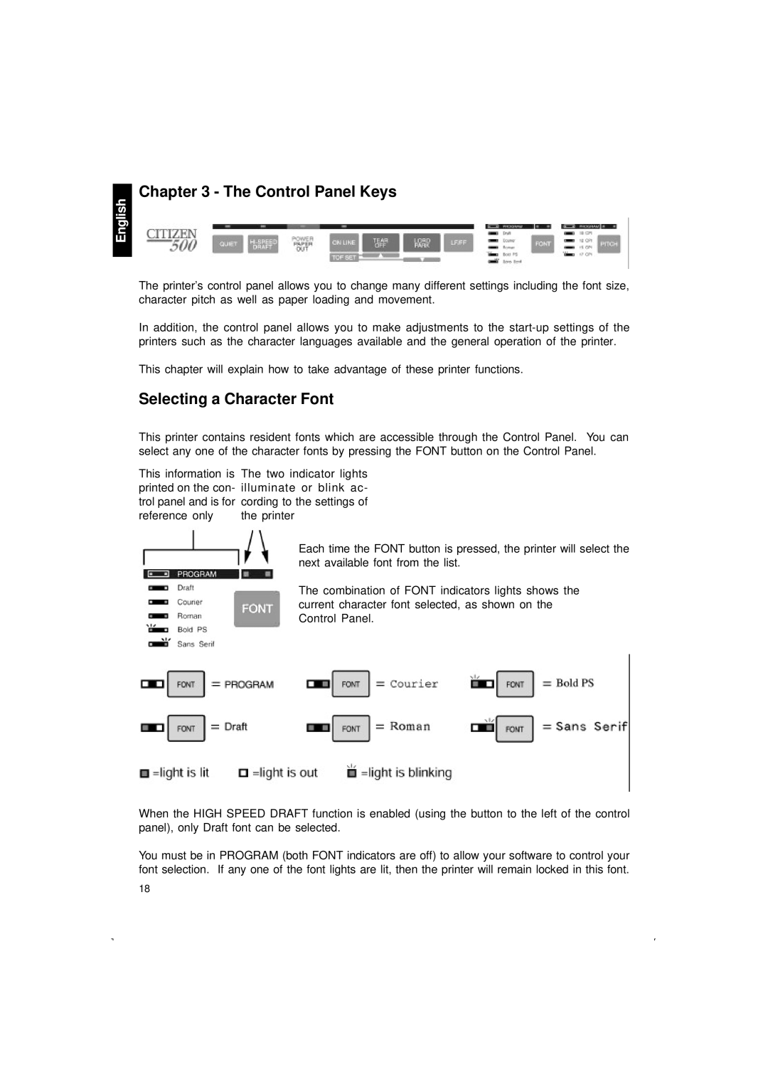 Citizen Systems 500 user manual Control Panel Keys, Selecting a Character Font 