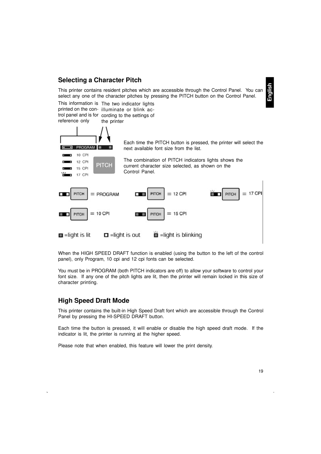 Citizen Systems 500 user manual Selecting a Character Pitch, High Speed Draft Mode 