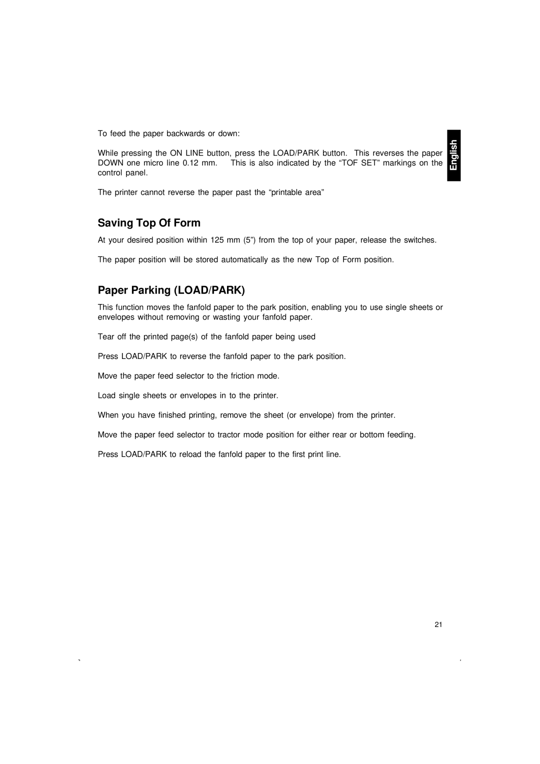 Citizen Systems 500 user manual Saving Top Of Form, Paper Parking LOAD/PARK 