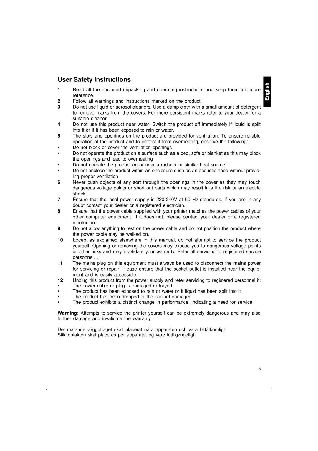 Citizen Systems 500 user manual User Safety Instructions 