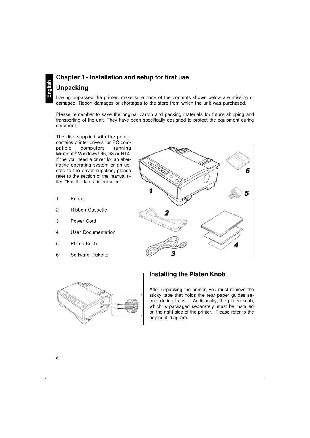 Citizen Systems 500 user manual Installation and setup for first use Unpacking, Installing the Platen Knob 