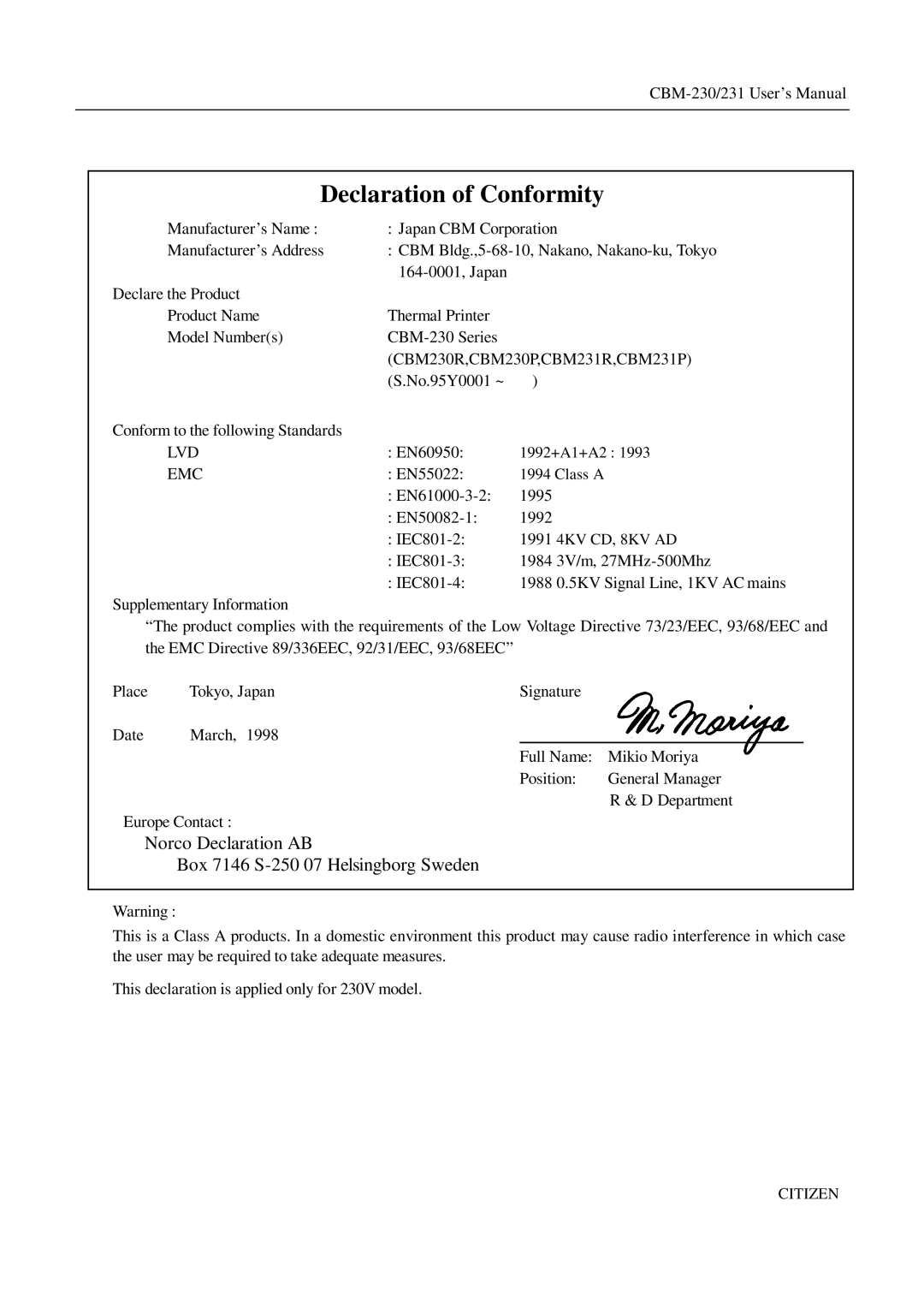 Citizen Systems CBM-231 manual Declaration of Conformity 