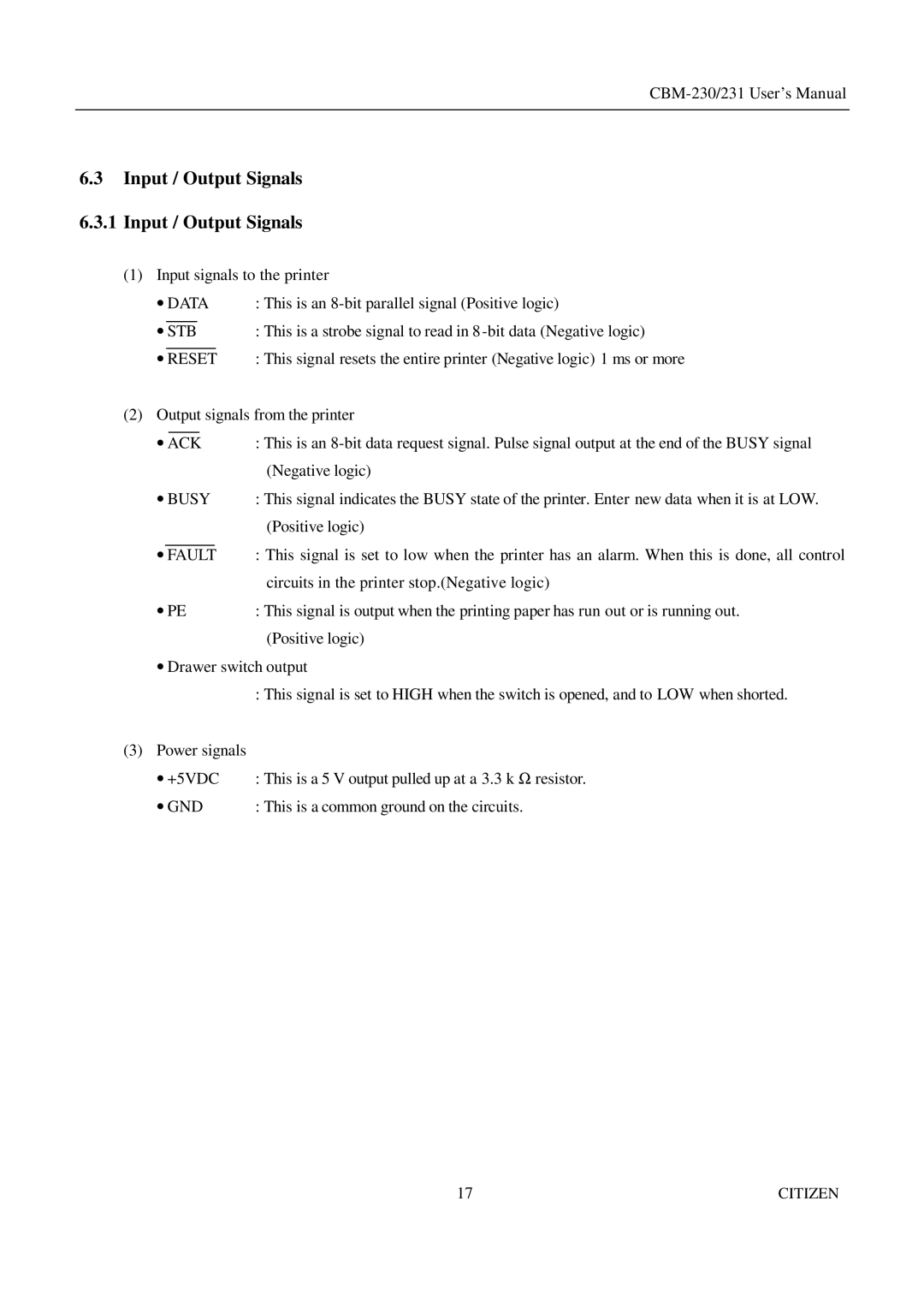 Citizen Systems CBM-231 manual Input / Output Signals 6.3.1 Input / Output Signals, Data 