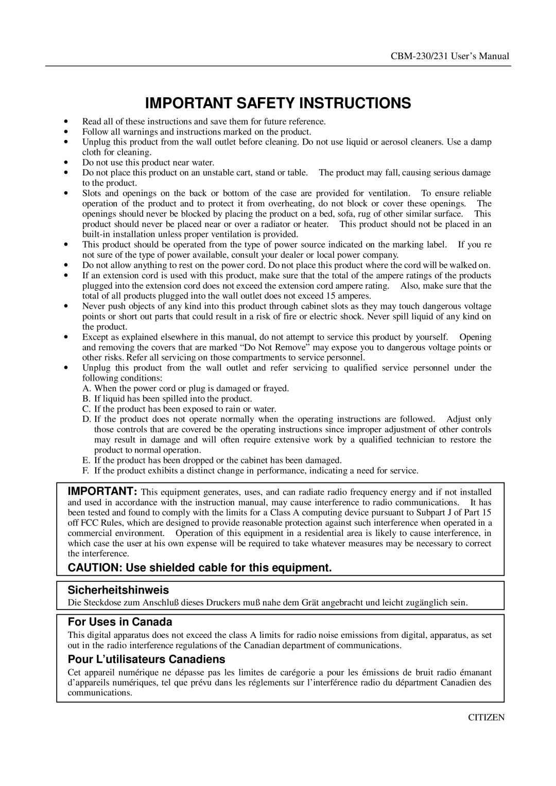 Citizen Systems CBM-231 manual Important Safety Instructions 