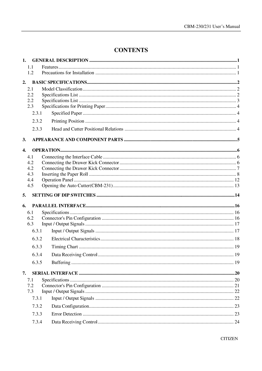 Citizen Systems CBM-231 manual Contents 