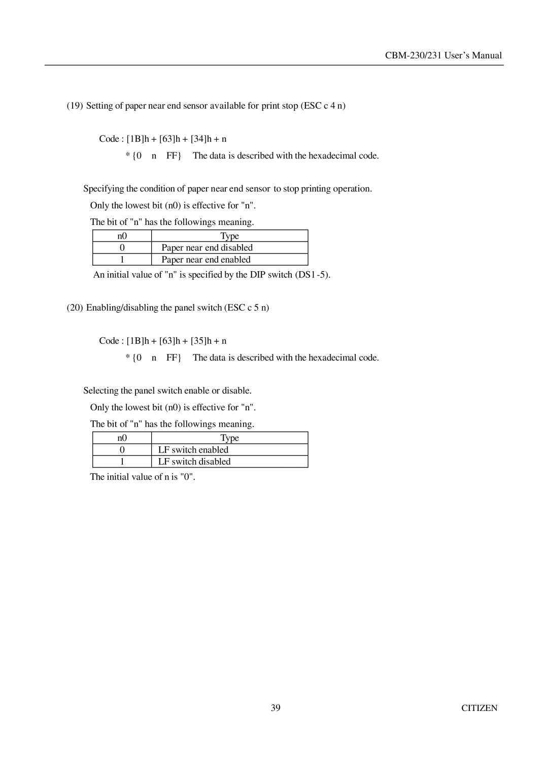 Citizen Systems CBM-231 manual LF switch enabled LF switch disabled Initial value of n is 