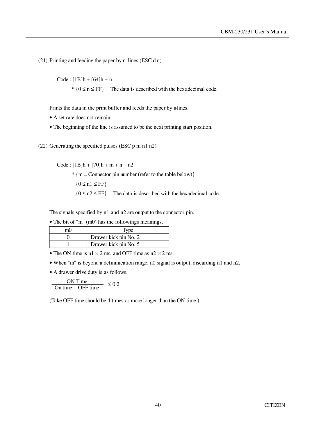 Citizen Systems CBM-231 manual Data is described with the hexadecimal code 