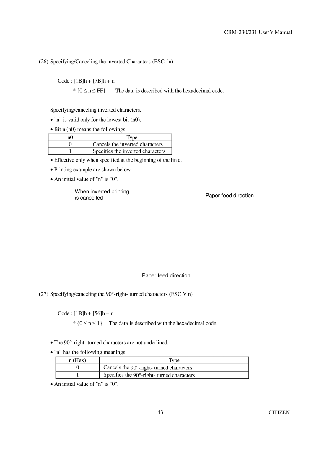 Citizen Systems CBM-231 manual When inverted printing Paper feed direction Is cancelled 