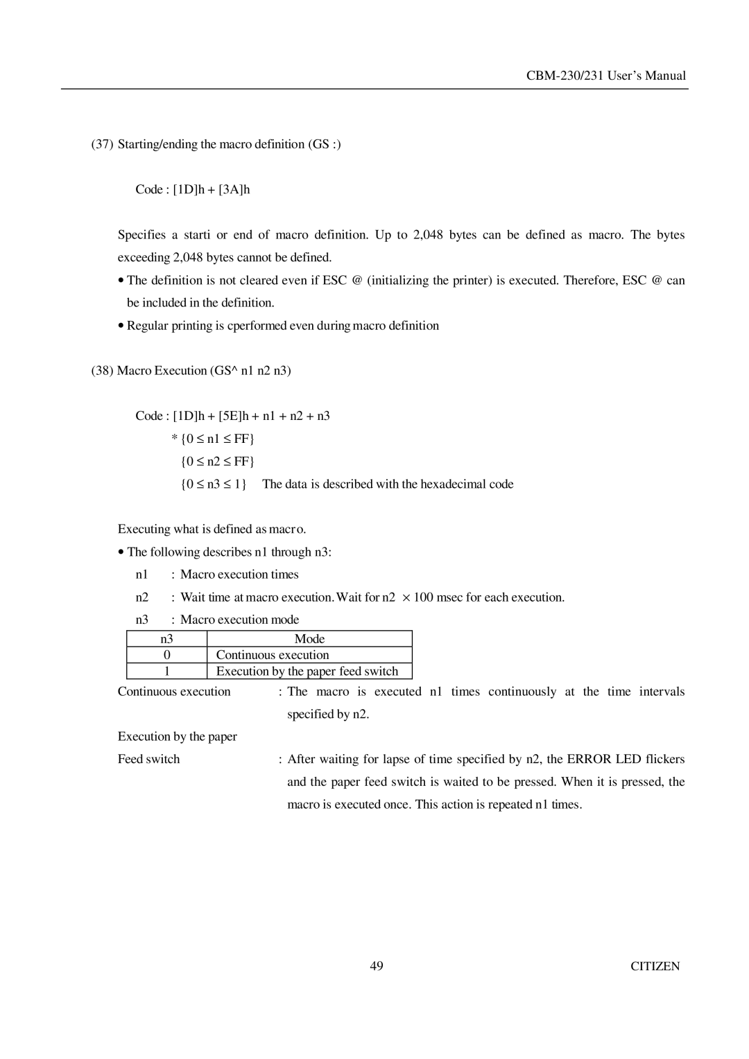 Citizen Systems CBM-231 manual Macro execution mode 