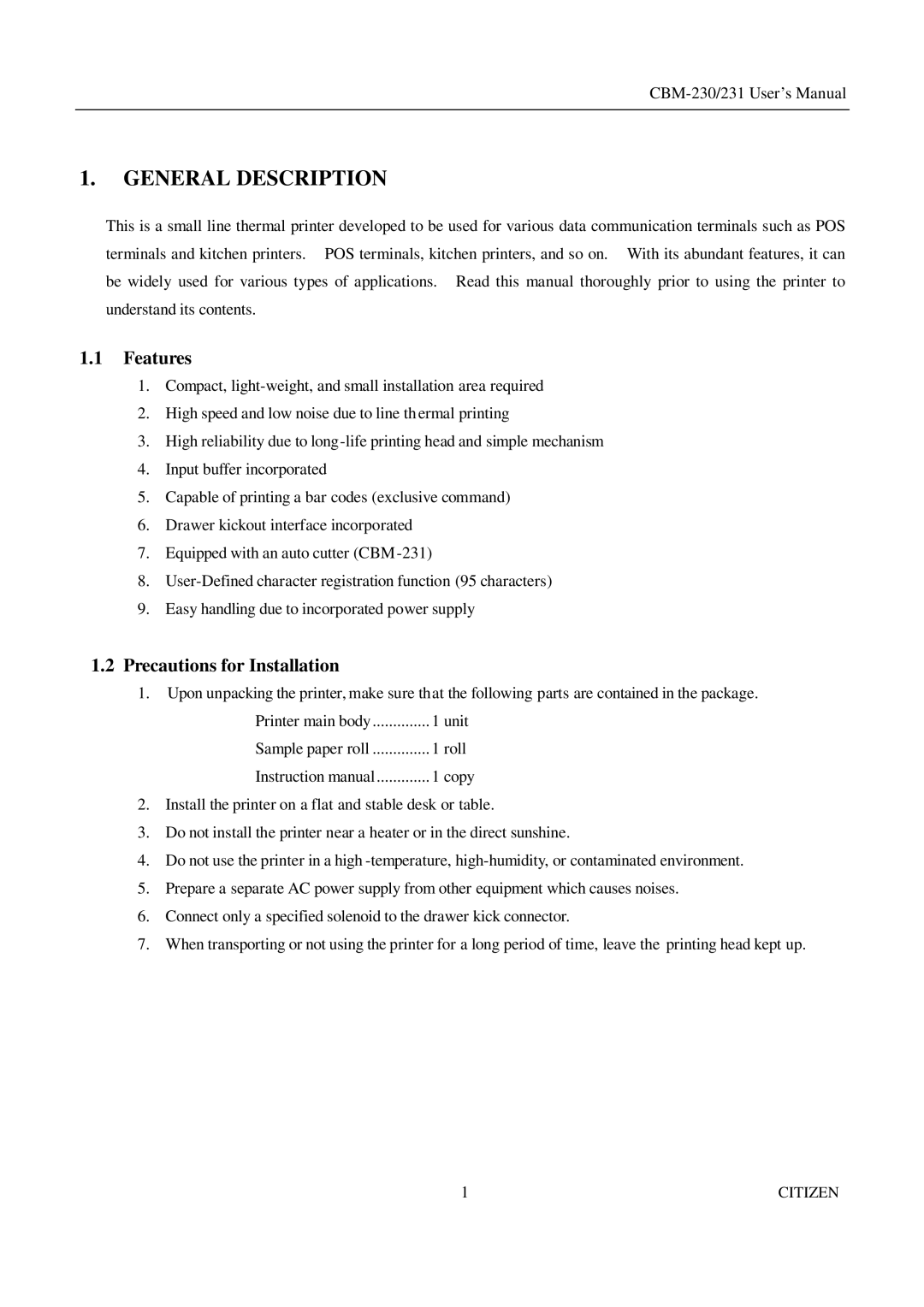 Citizen Systems CBM-231 manual General Description, Features, Precautions for Installation 