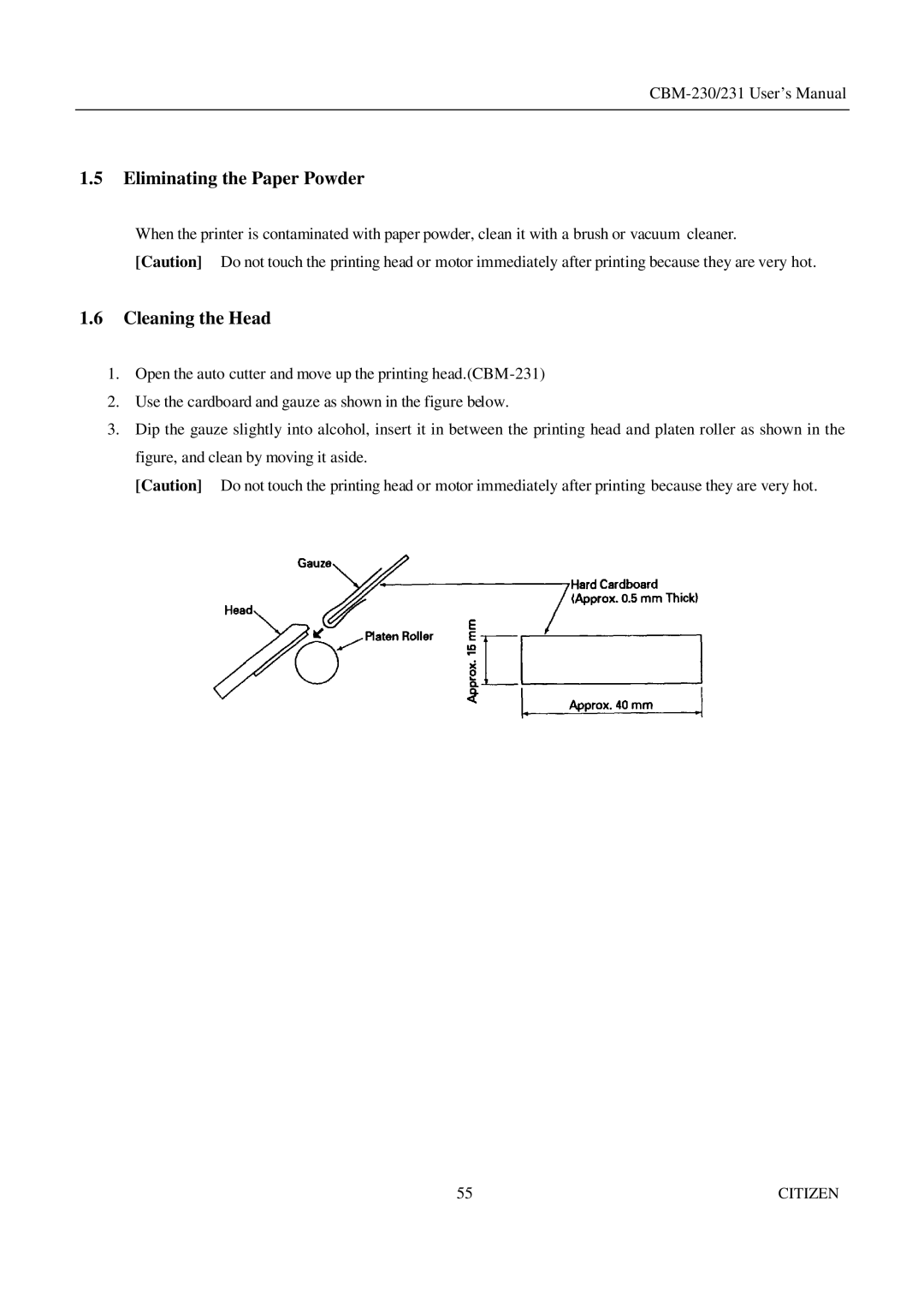 Citizen Systems CBM-231 manual Eliminating the Paper Powder, Cleaning the Head 