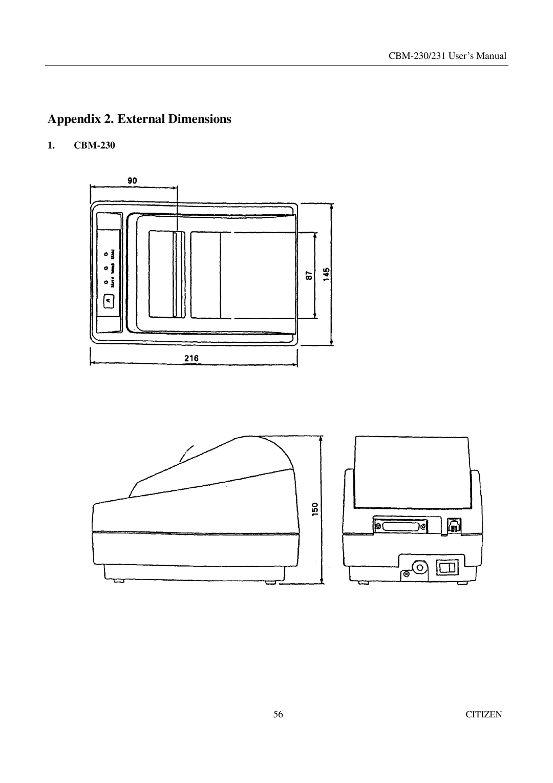 Citizen Systems CBM-231 manual Appendix 2. External Dimensions 