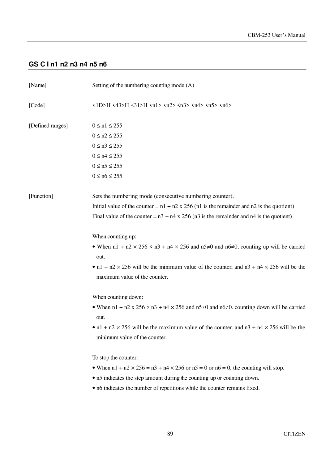 Citizen Systems CBM-253 manual GS C I n1 n2 n3 n4 n5 n6 