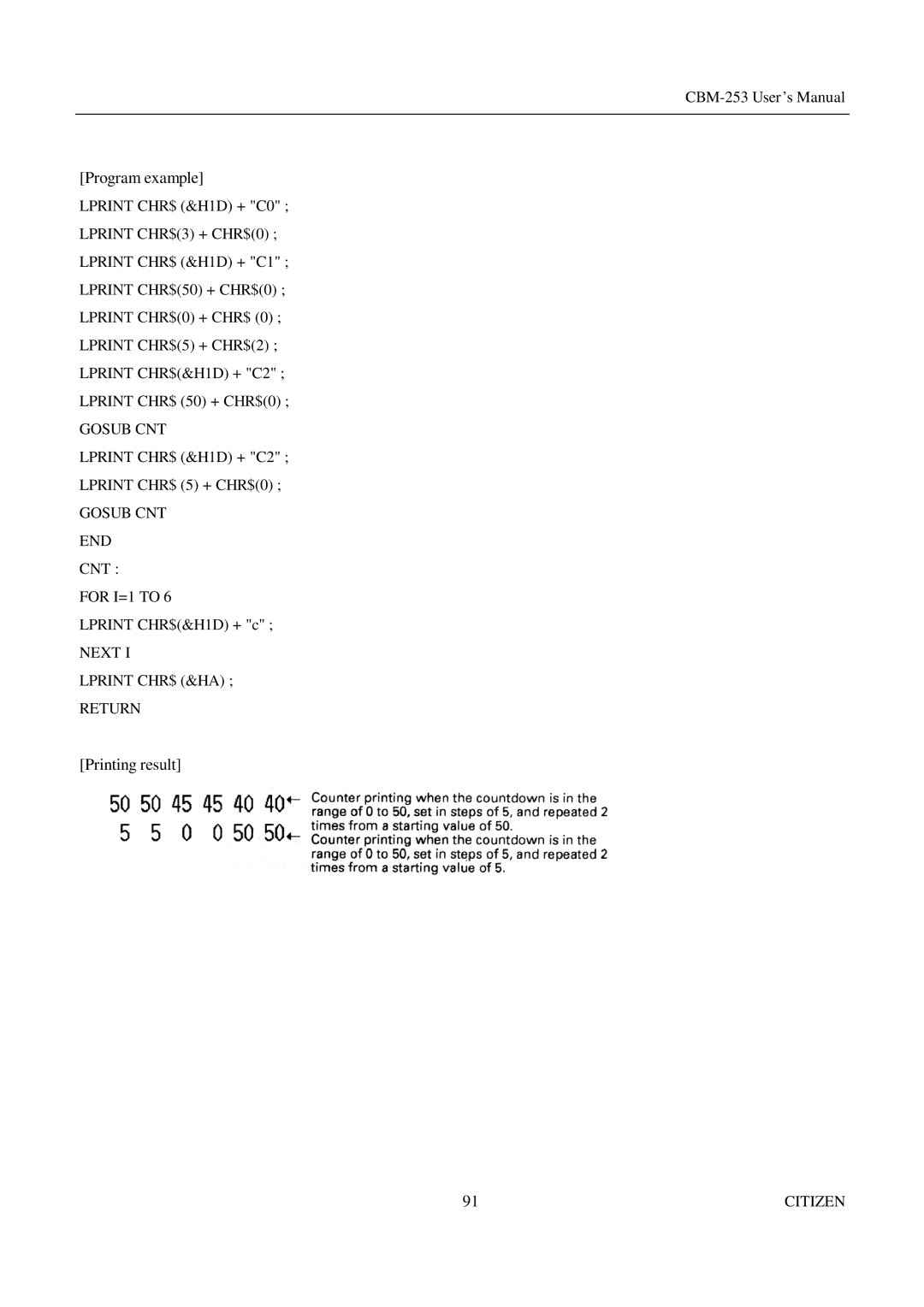 Citizen Systems CBM-253 manual Next Lprint CHR$ &HA Return 