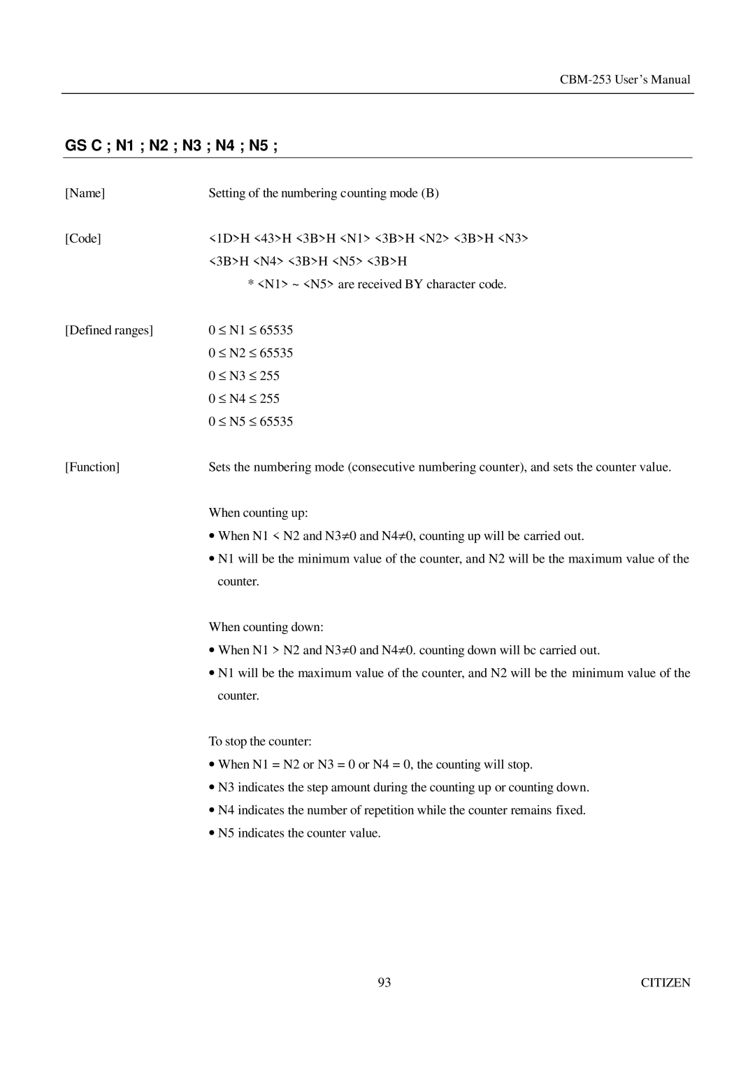 Citizen Systems CBM-253 manual GS C N1 N2 N3 N4 N5 