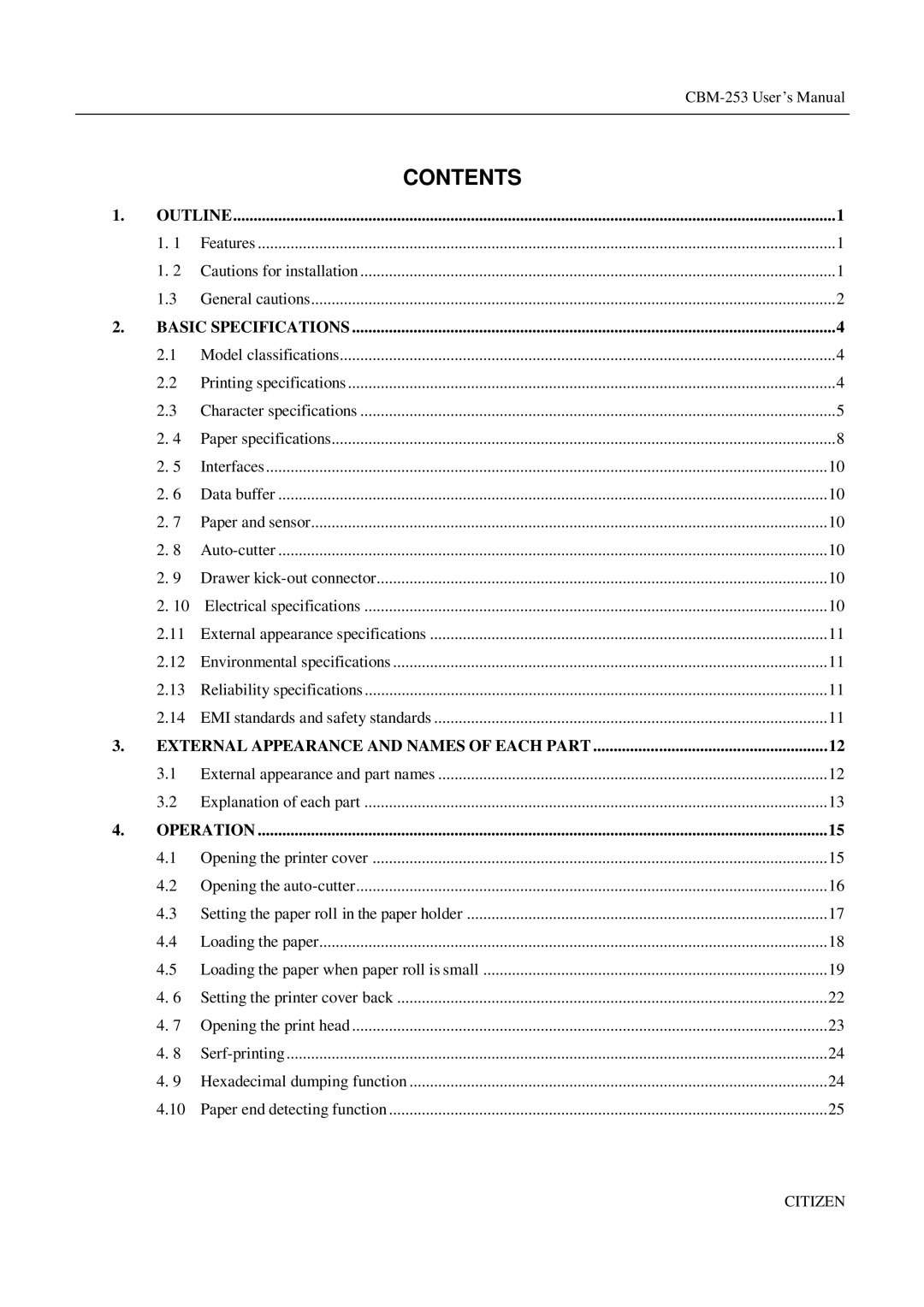 Citizen Systems CBM-253 manual Contents 