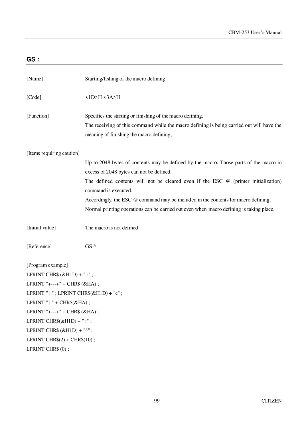 Citizen Systems CBM-253 manual Meaning of finishing the macro defining 