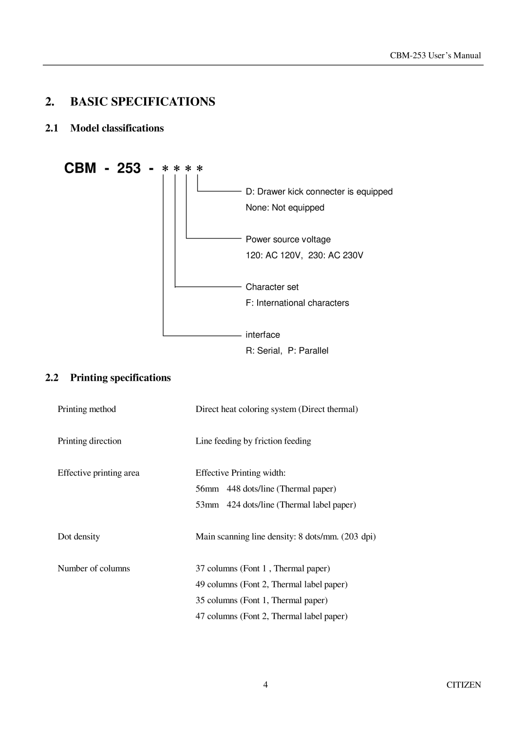 Citizen Systems CBM-253 manual Model classifications, Printing specifications 