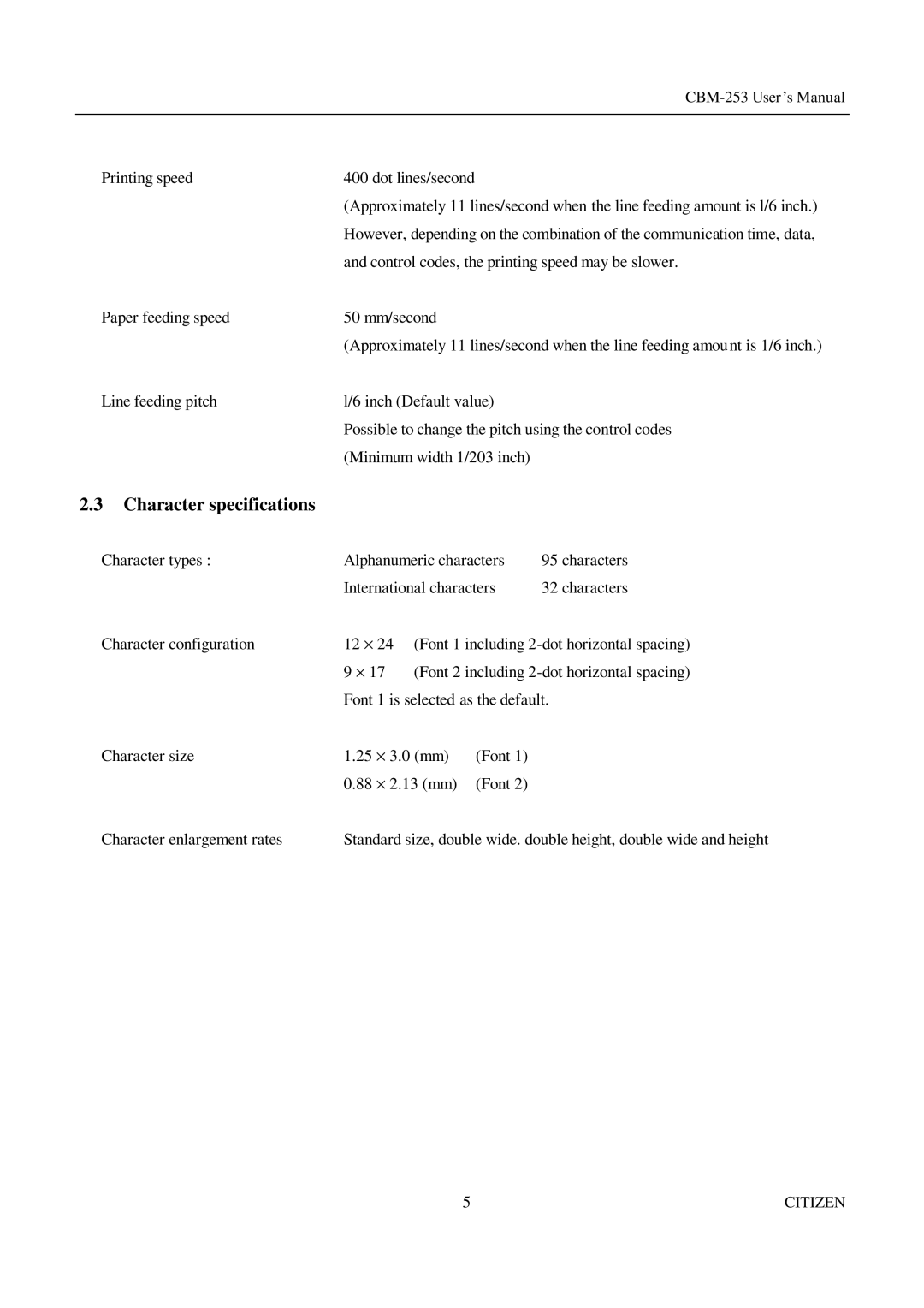 Citizen Systems CBM-253 manual Character specifications, Printing speed Dot lines/second 