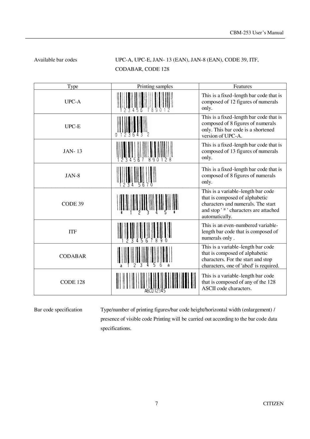 Citizen Systems CBM-253 manual CODABAR, Code 