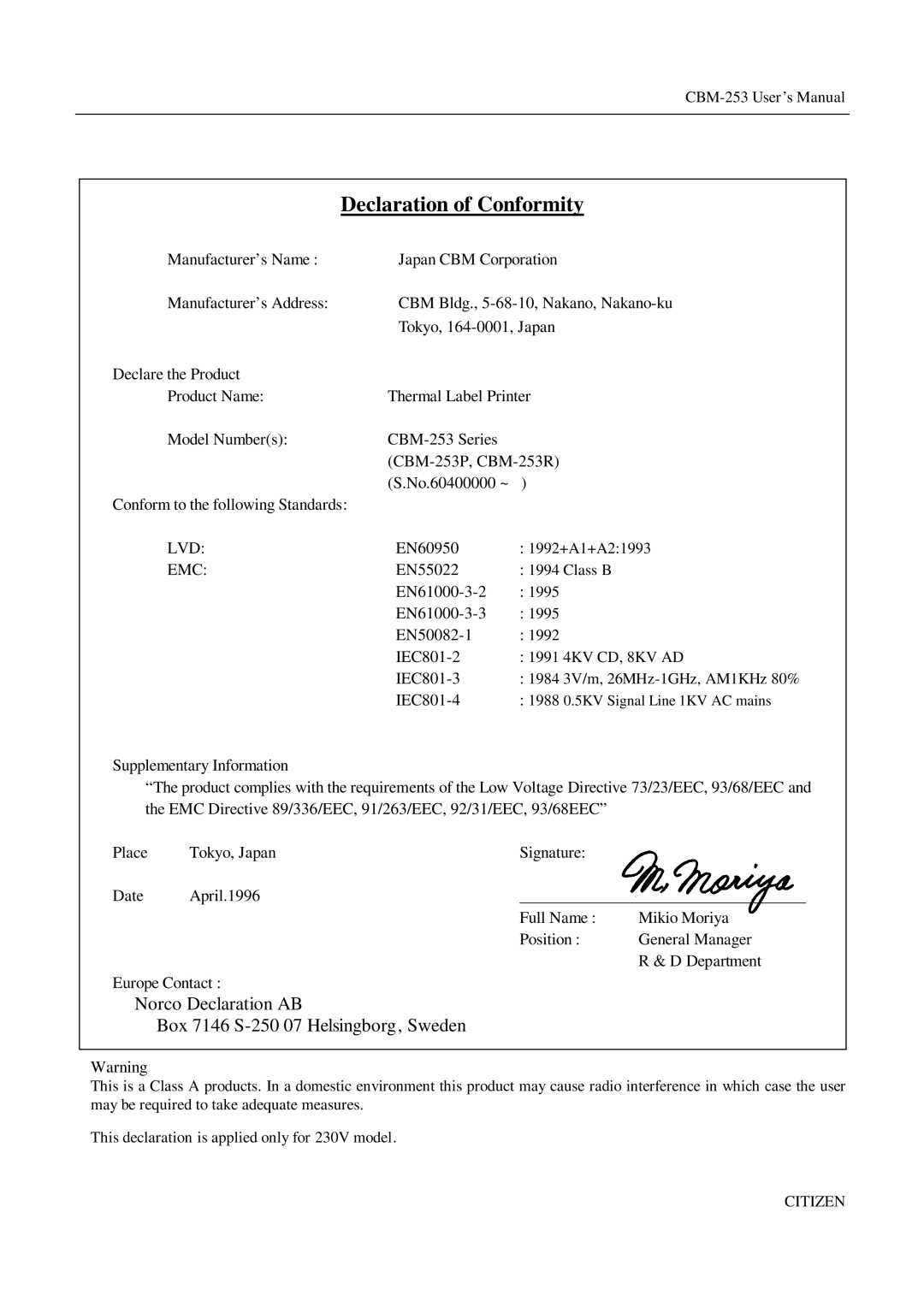 Citizen Systems CBM-253 manual Declaration of Conformity 