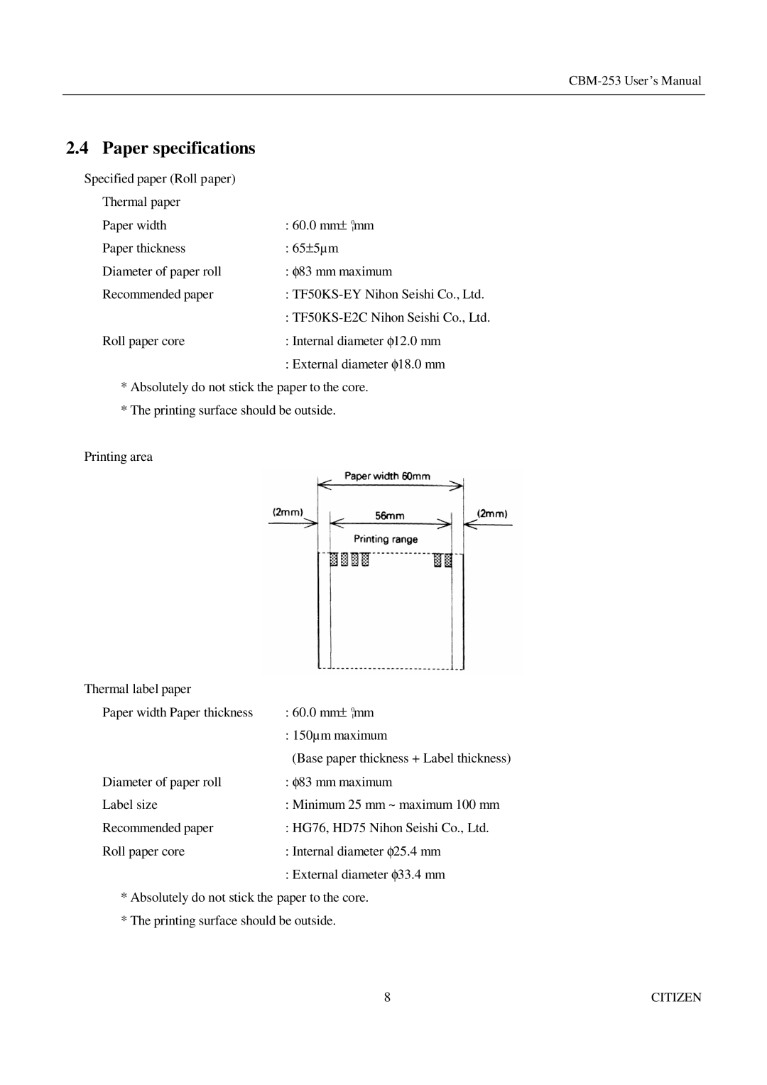 Citizen Systems CBM-253 manual Paper specifications 