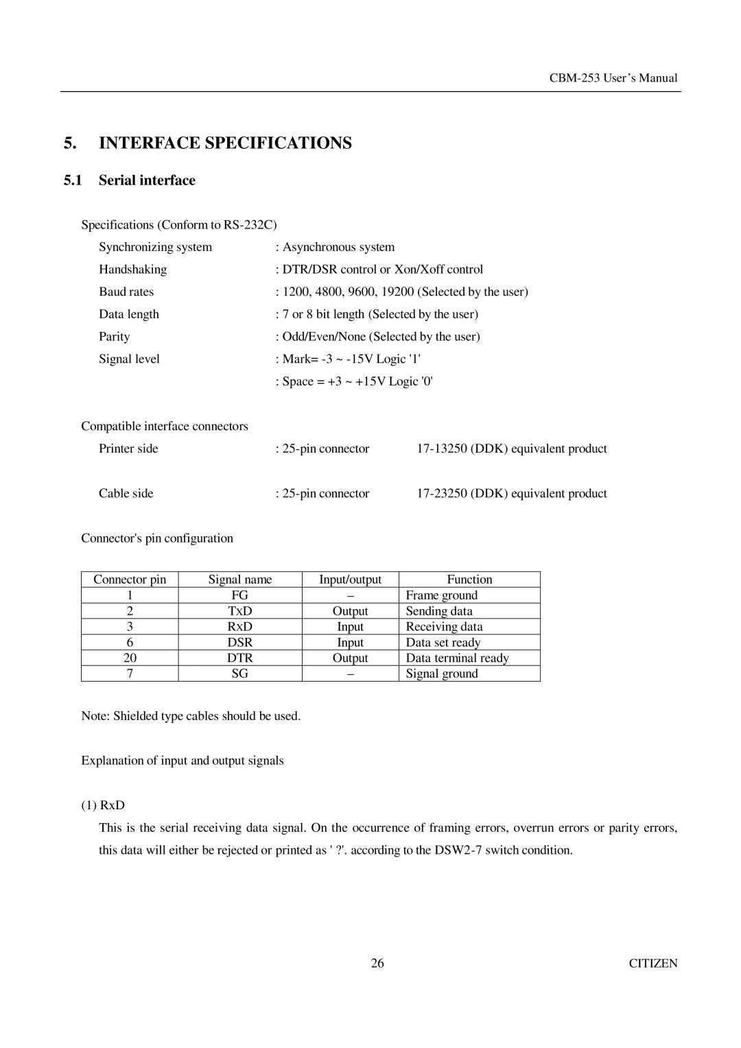 Citizen Systems CBM-253 manual Interface Specifications, Serial interface 