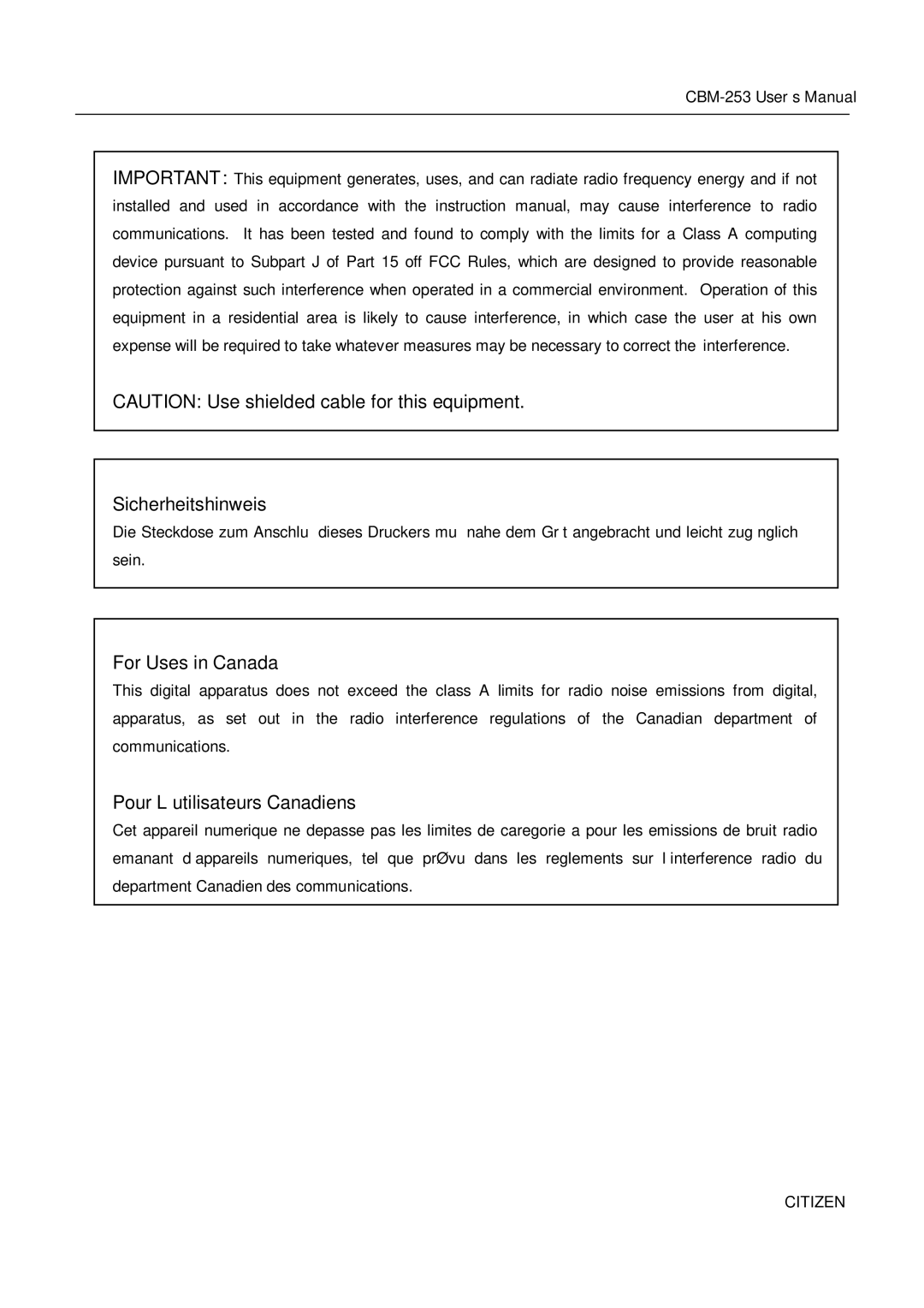 Citizen Systems CBM-253 manual Sicherheitshinweis, For Uses in Canada, Pour L’utilisateurs Canadiens 