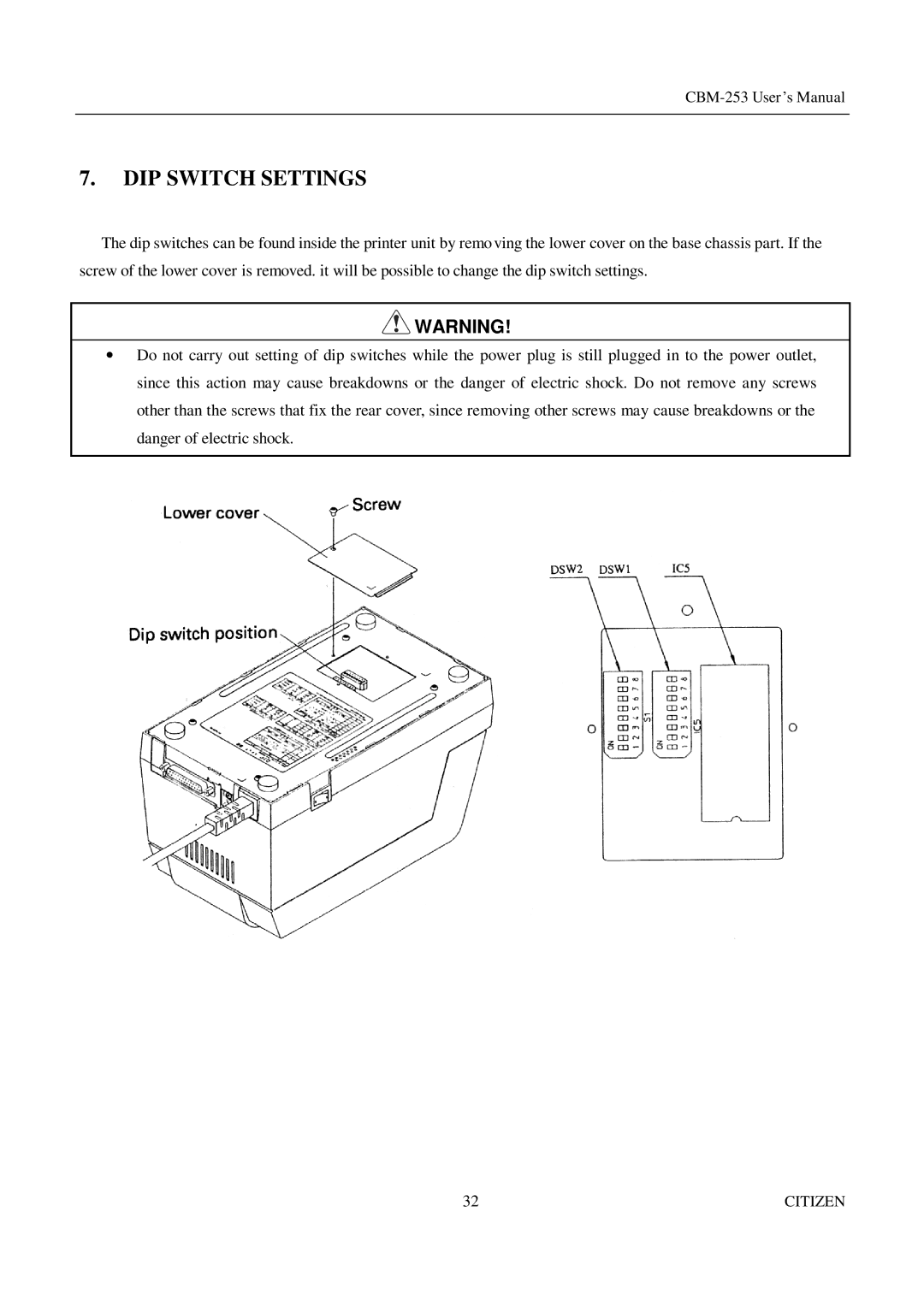 Citizen Systems CBM-253 manual DIP Switch SETTlNGS 