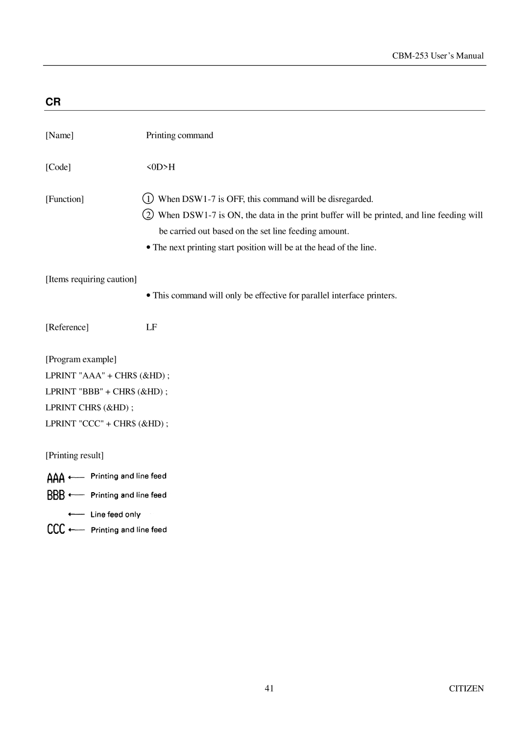 Citizen Systems CBM-253 manual Code0DH Function 