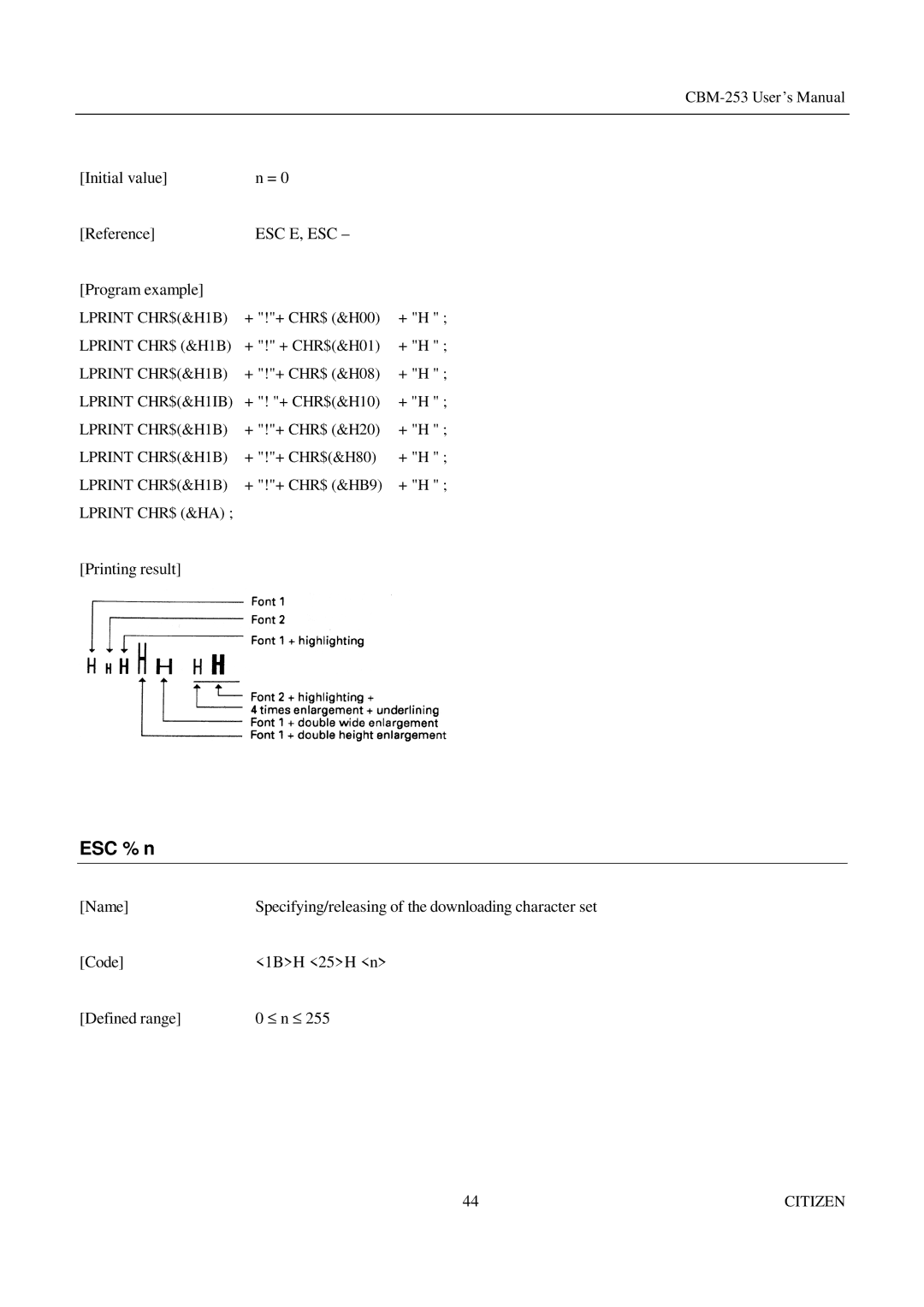 Citizen Systems CBM-253 manual ESC % n, Esc E, Esc 