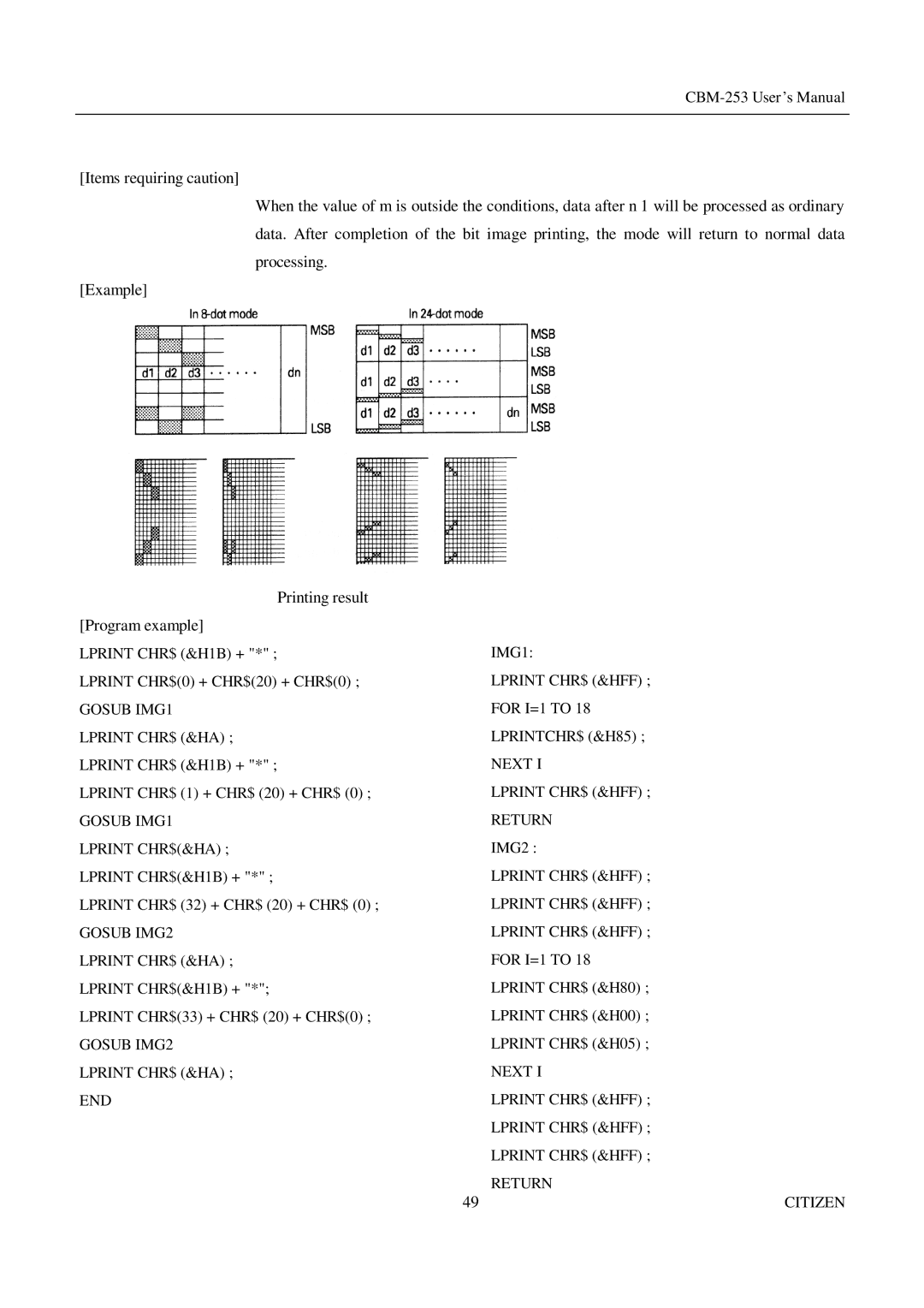 Citizen Systems CBM-253 manual Gosub IMG1 Lprint CHR$ &HA 