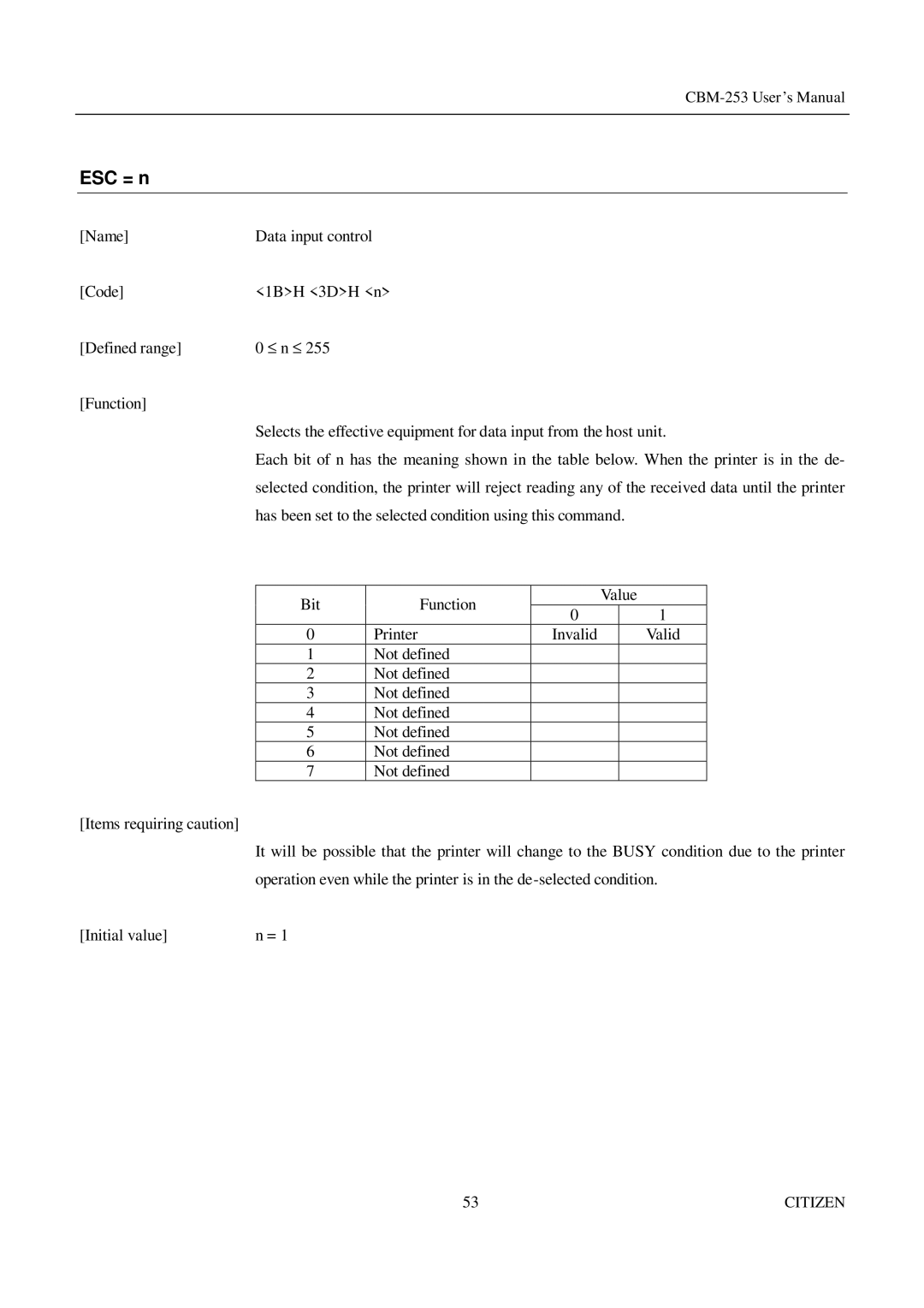 Citizen Systems CBM-253 manual ESC = n 