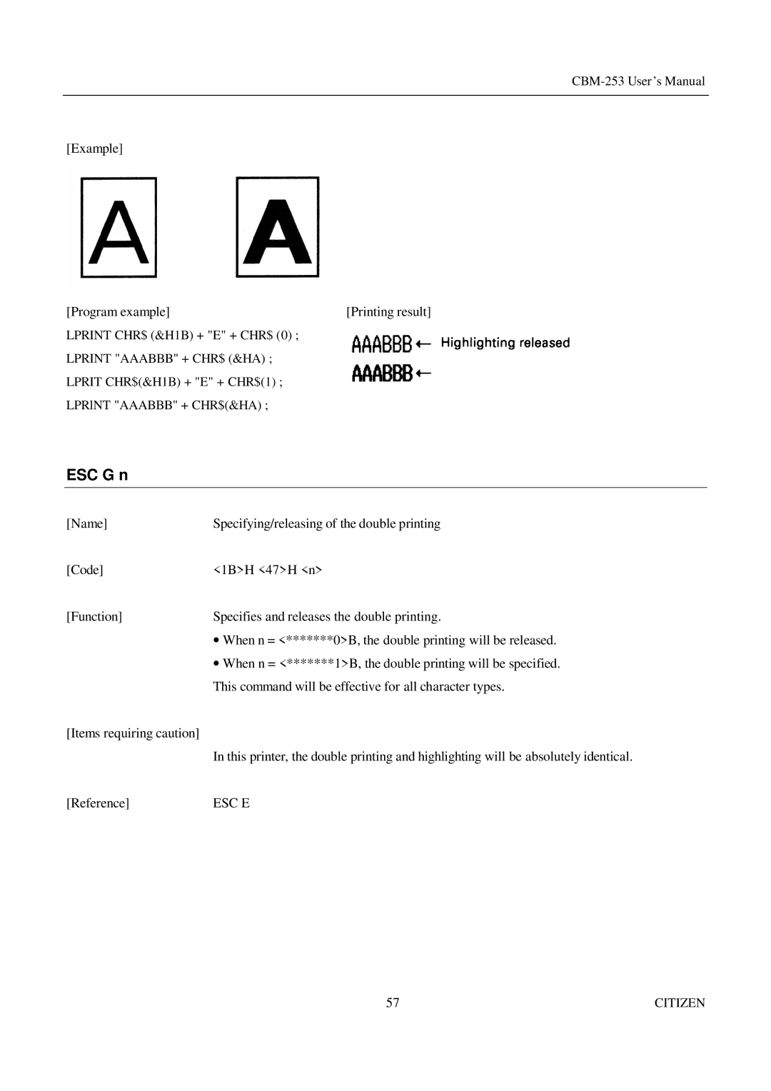 Citizen Systems CBM-253 manual ESC G n, Example Program example 