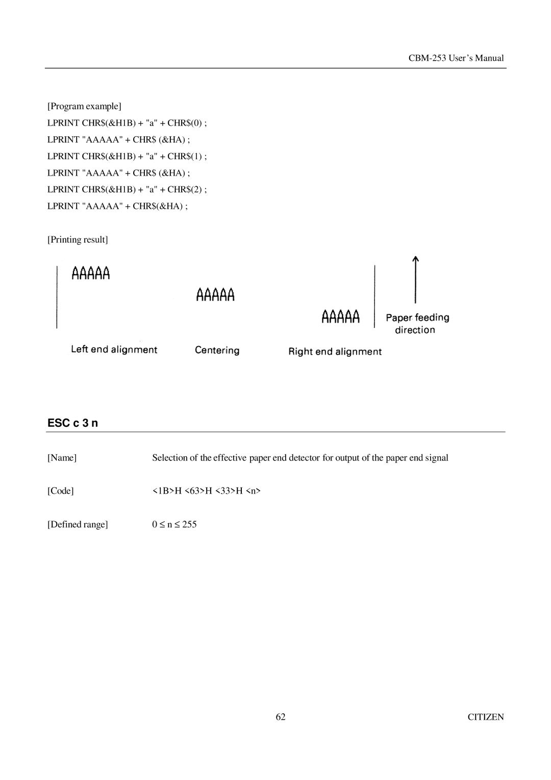 Citizen Systems CBM-253 manual ESC c 3 n 