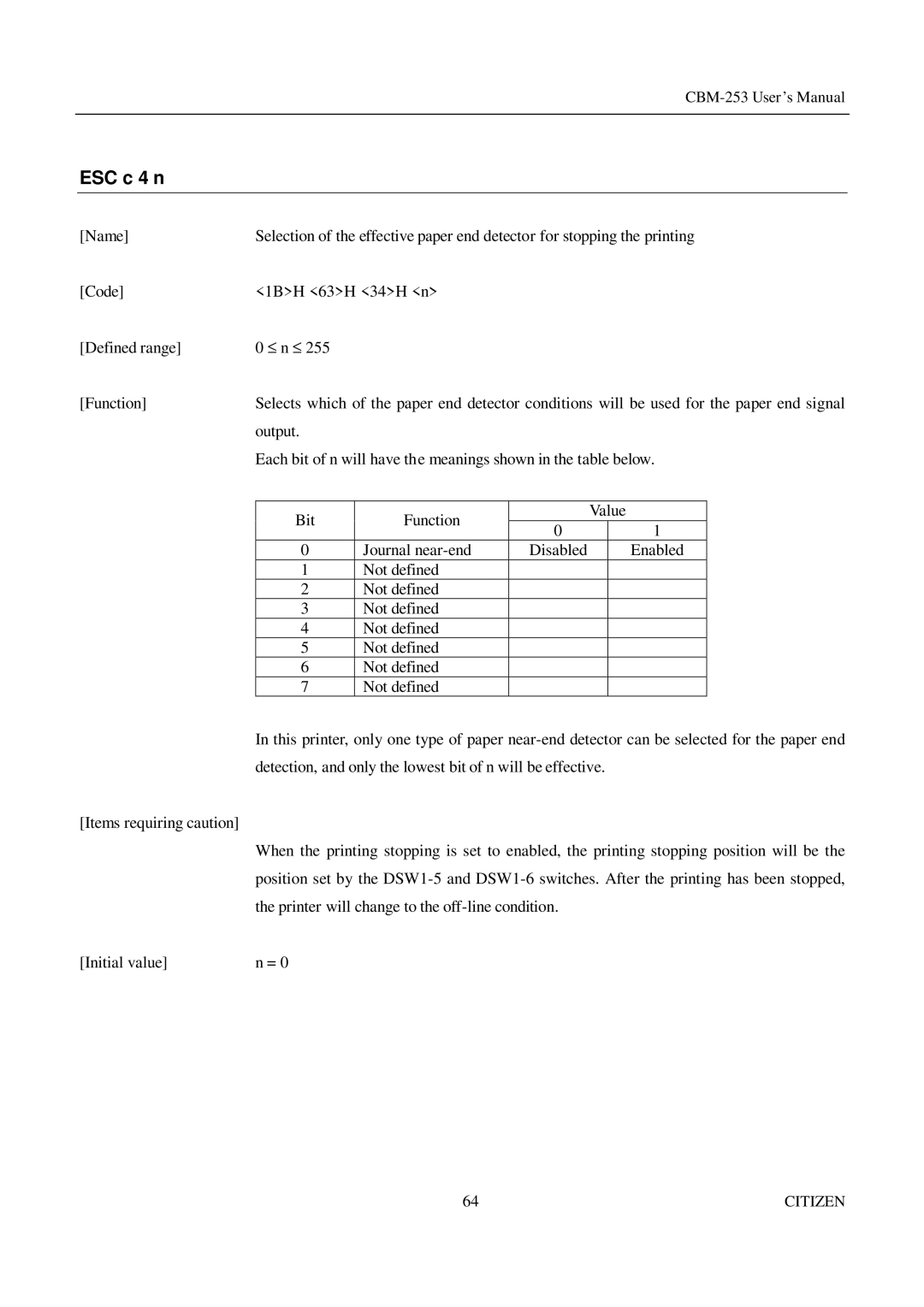 Citizen Systems CBM-253 manual ESC c 4 n 