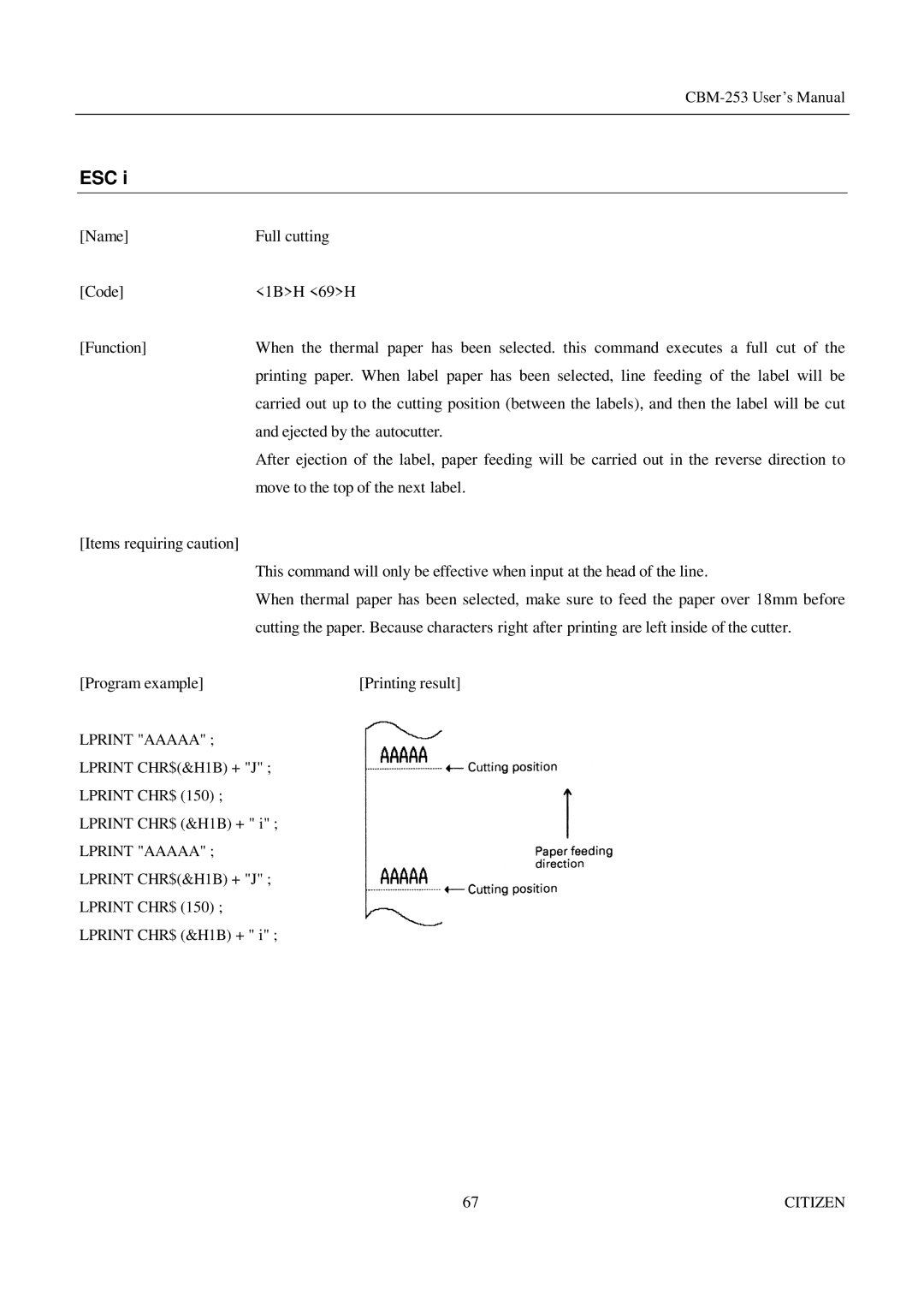 Citizen Systems CBM-253 manual Esc 