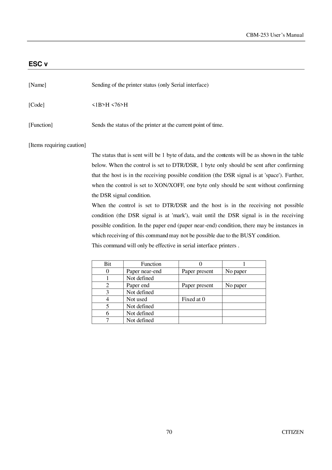 Citizen Systems CBM-253 manual Sends the status of the printer at the current point of time 