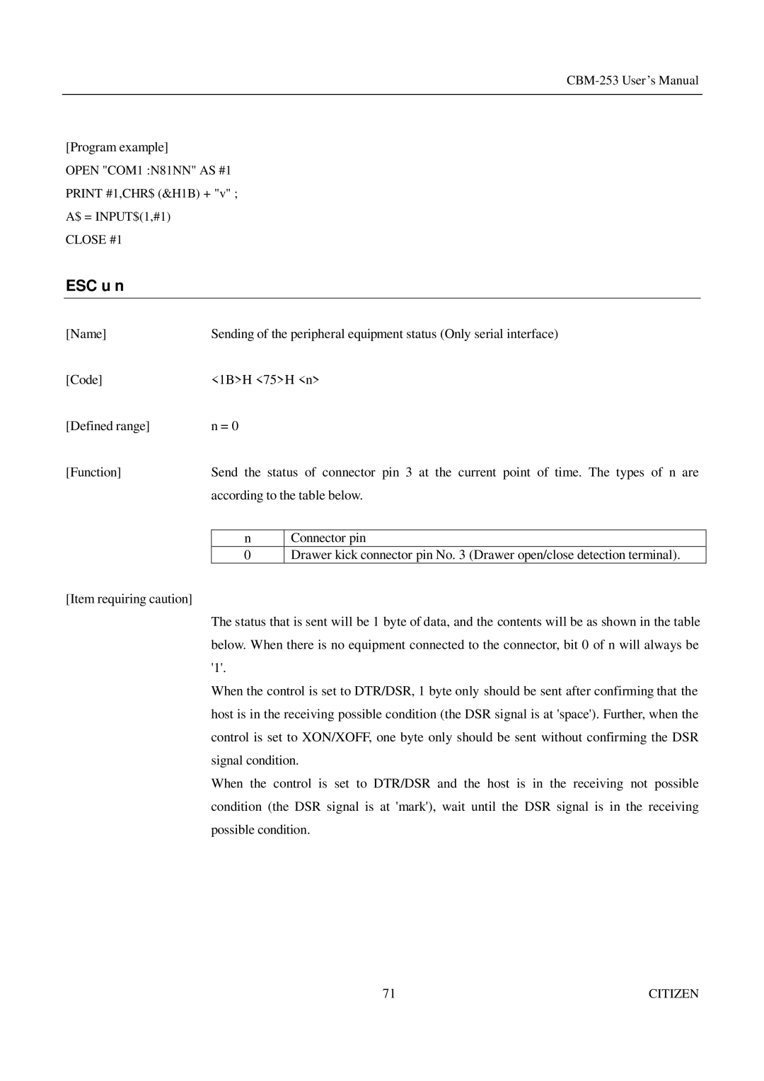 Citizen Systems CBM-253 manual ESC u n 