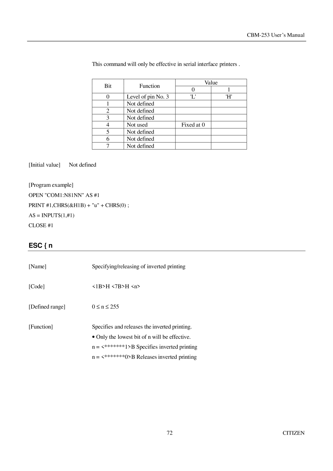 Citizen Systems CBM-253 manual = *******0B Releases inverted printing 