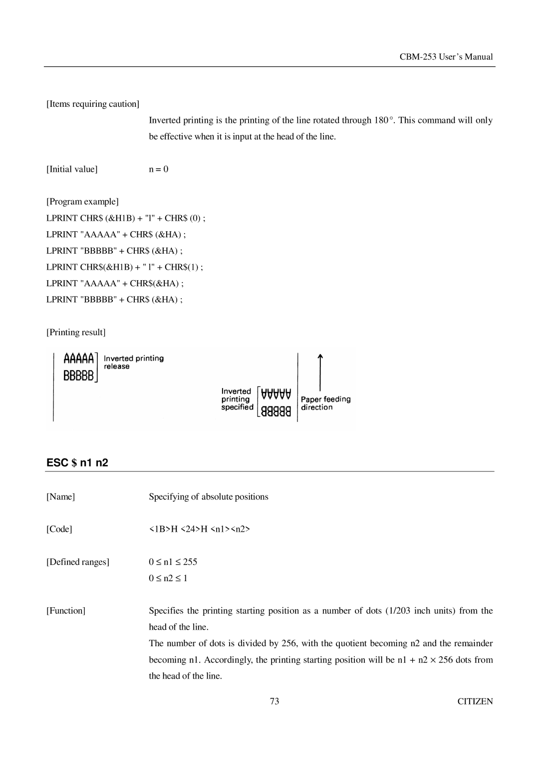 Citizen Systems CBM-253 manual ESC $ n1 n2 