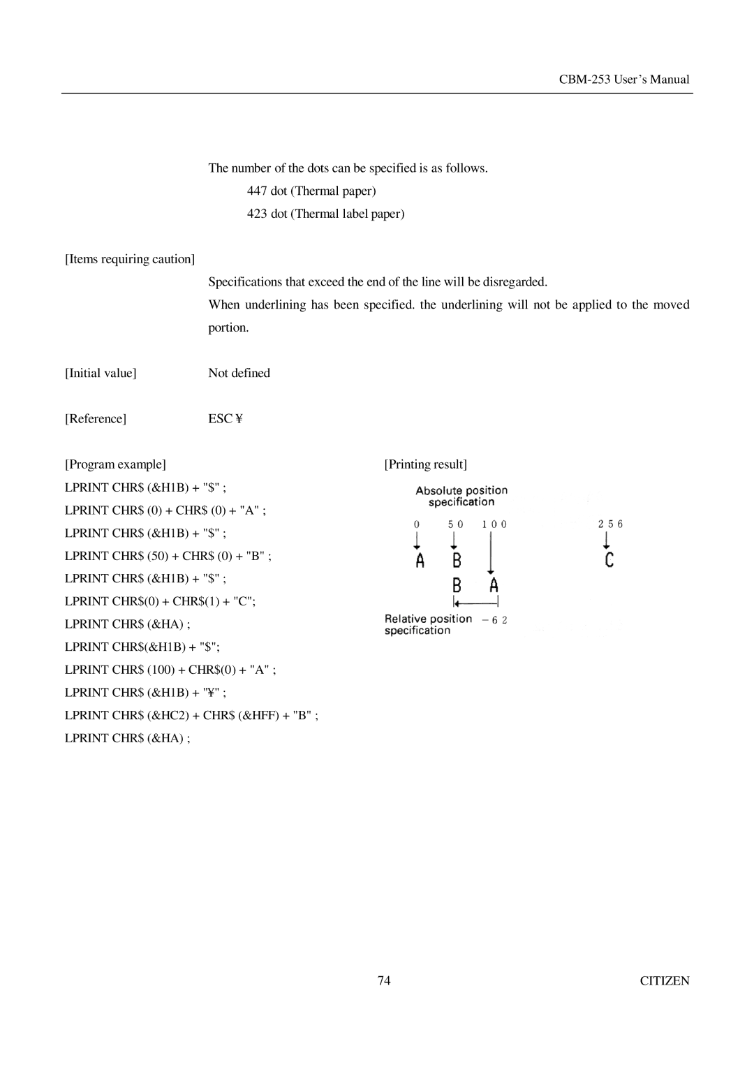 Citizen Systems CBM-253 manual Lprint CHR$ &HA Citizen 