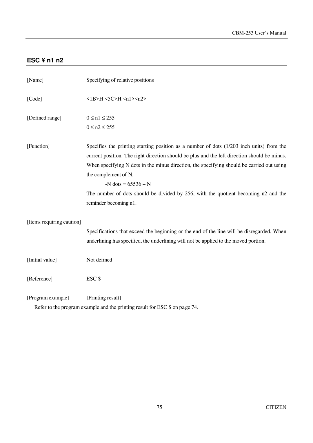 Citizen Systems CBM-253 manual ESC ¥ n1 n2 