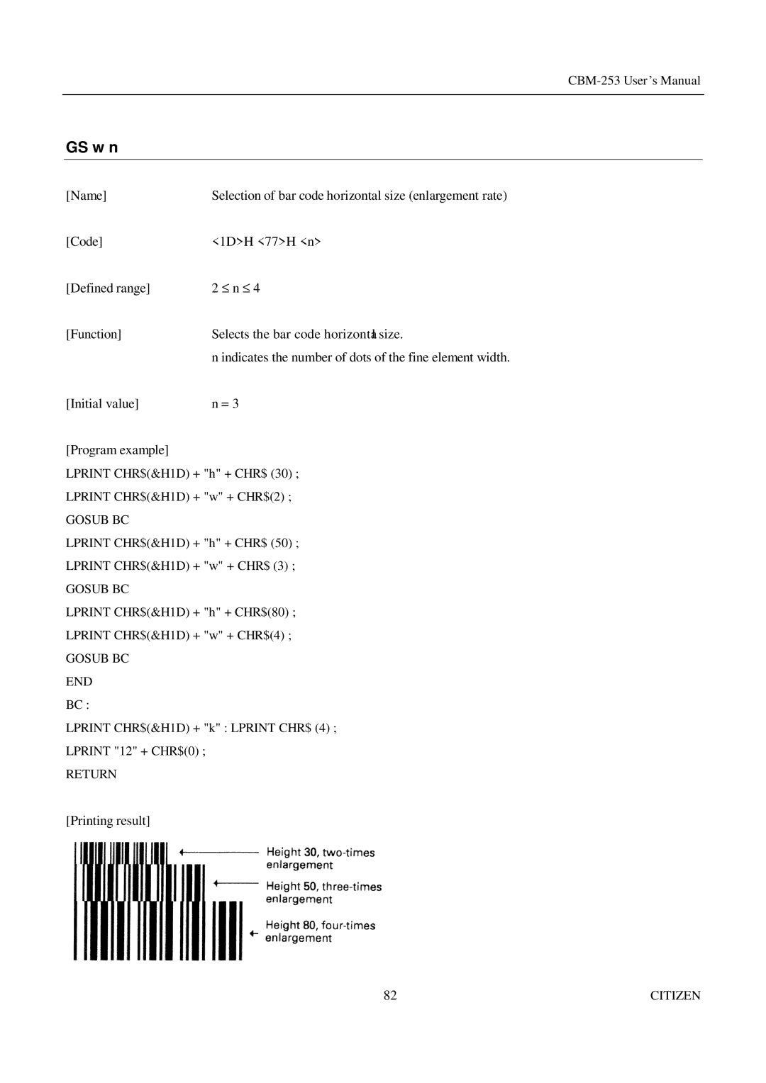 Citizen Systems CBM-253 manual GS w n, Initial value Program example 