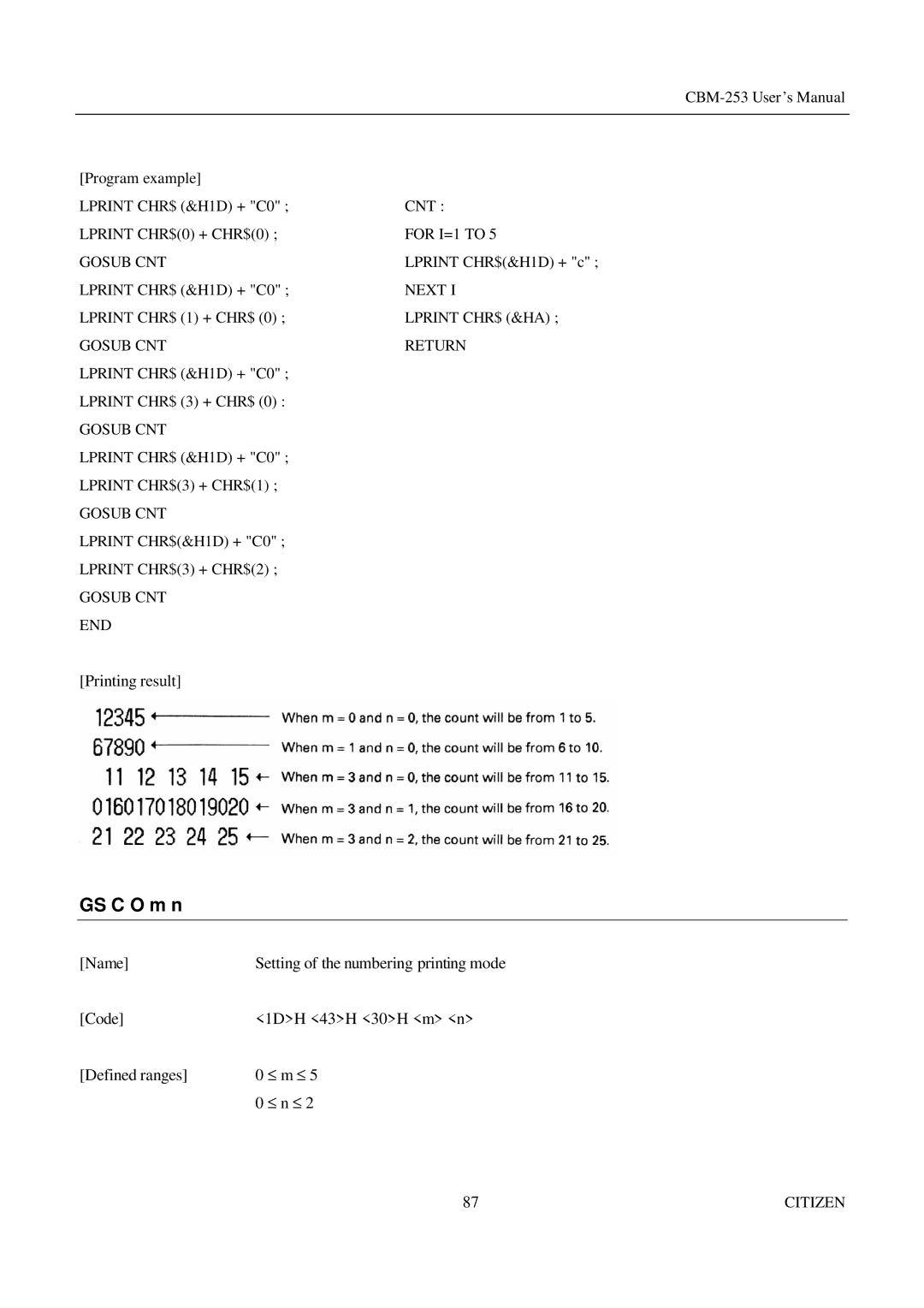 Citizen Systems CBM-253 manual GS C O m n 